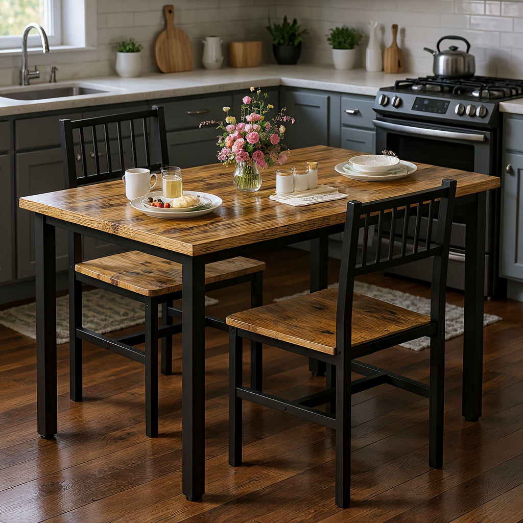 3pcs Dining Table Set for 2, Small Industrial Kitchen Table with 2 Chairs, Wood Breakfast Nook Table And Chairs Set Of 2, Dinner Table Set for Small Spaces, Dining Room, Apartment, Spacesaving Furniture, Compact Dining, Minimalist Design