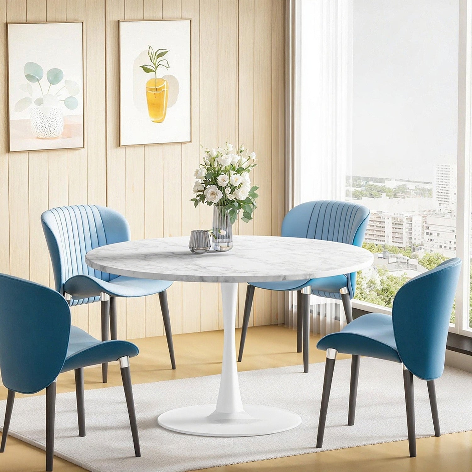 39-Inch Round Dining Table Modern MDF Wood Tabletop with Sturdy Metal Pedestal Base - Large Round Table Seats 4-6 People, Easy Assembly, for family & for (, Engineered Wood)