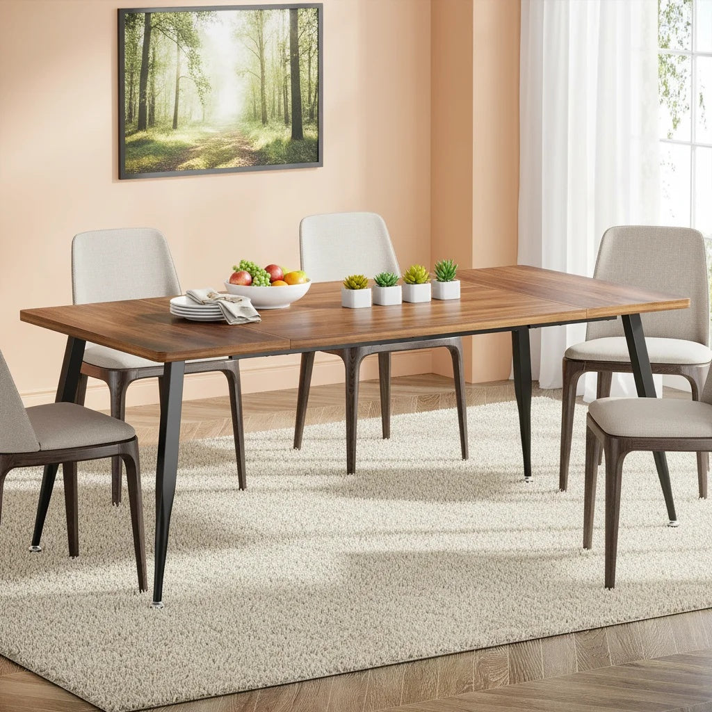 6ft Dining Table, 70.8-Inch Industrial Rectangular Kitchen and Dining Room Table with Metal Legs, Brown & Black Finish (Only Table 1pc)