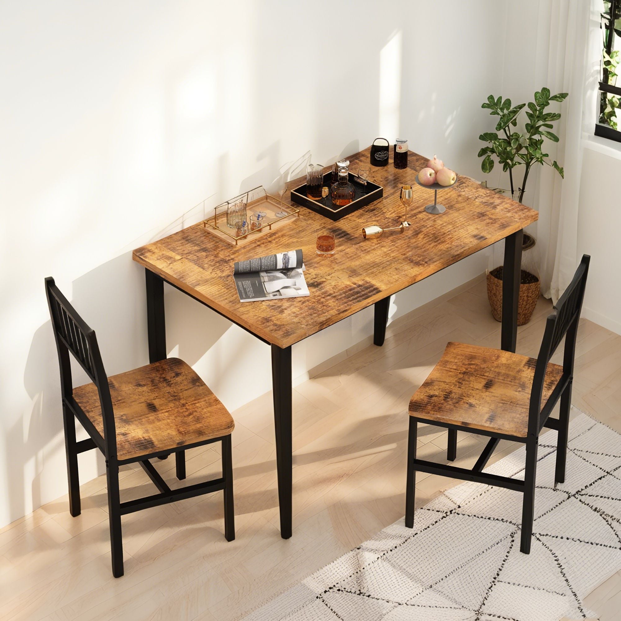 Modern Dining Room Table and Chairs Set for 2, 3-Piece Kitchen Table Set with MDF Broad & Metal Frame, Space-Saving Dining Table Set with 2 Chairs & Table for Apartment, Kitchen, Dining Room