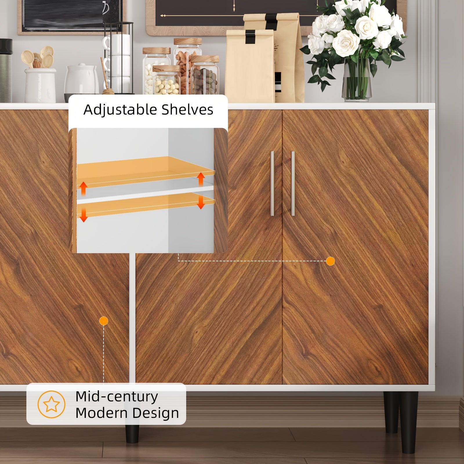 Modern Farmhouse Freestanding TV Stand & Cabinet Suitable for Bedroom & - Adjustable Shelf Wood Sideboard with Storage, Sturdy MDF\u002FFiberboard, TV-Compatible Cabinet