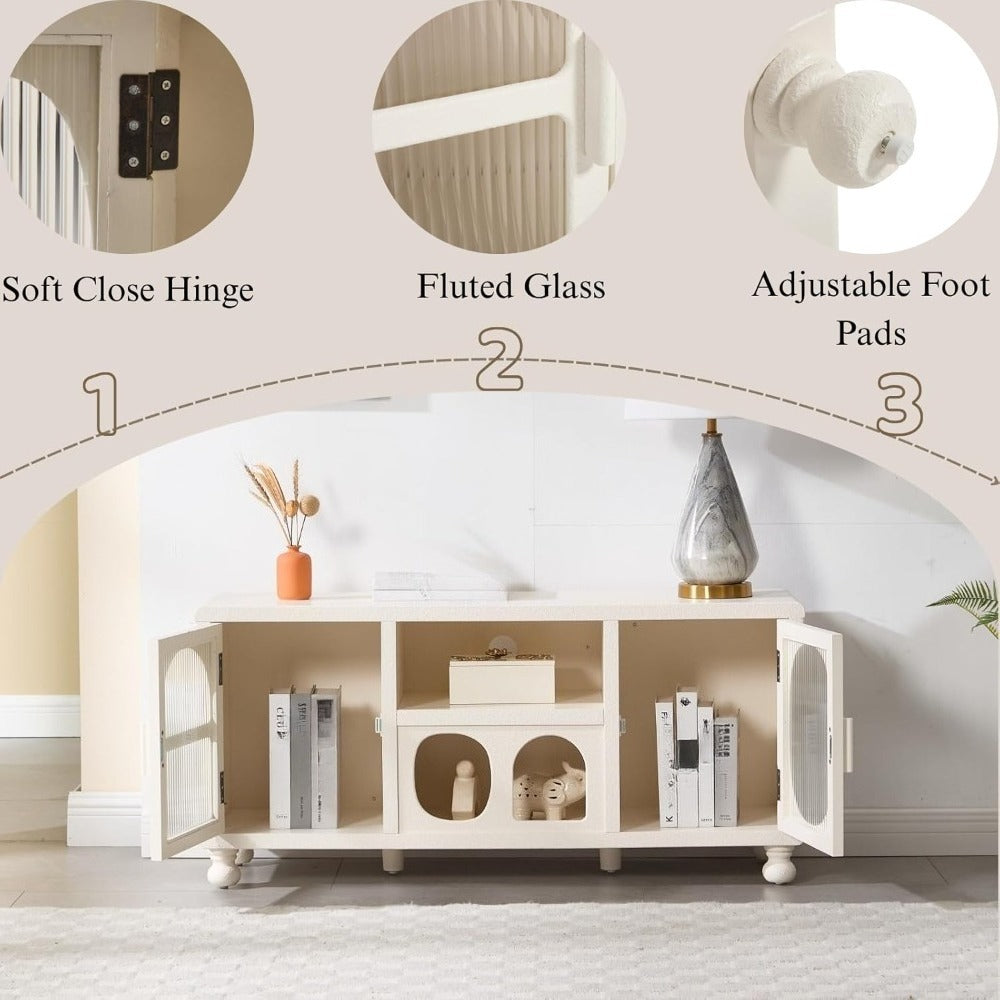 A 47-Inch Wide Hollow Display Cabinet Featuring Glass Doors, This Accent Sideboard Includes Two Arched Doors And One Shelf, Making It a Stylish Wood Buffet Cabinet Suitable for Home Entryways