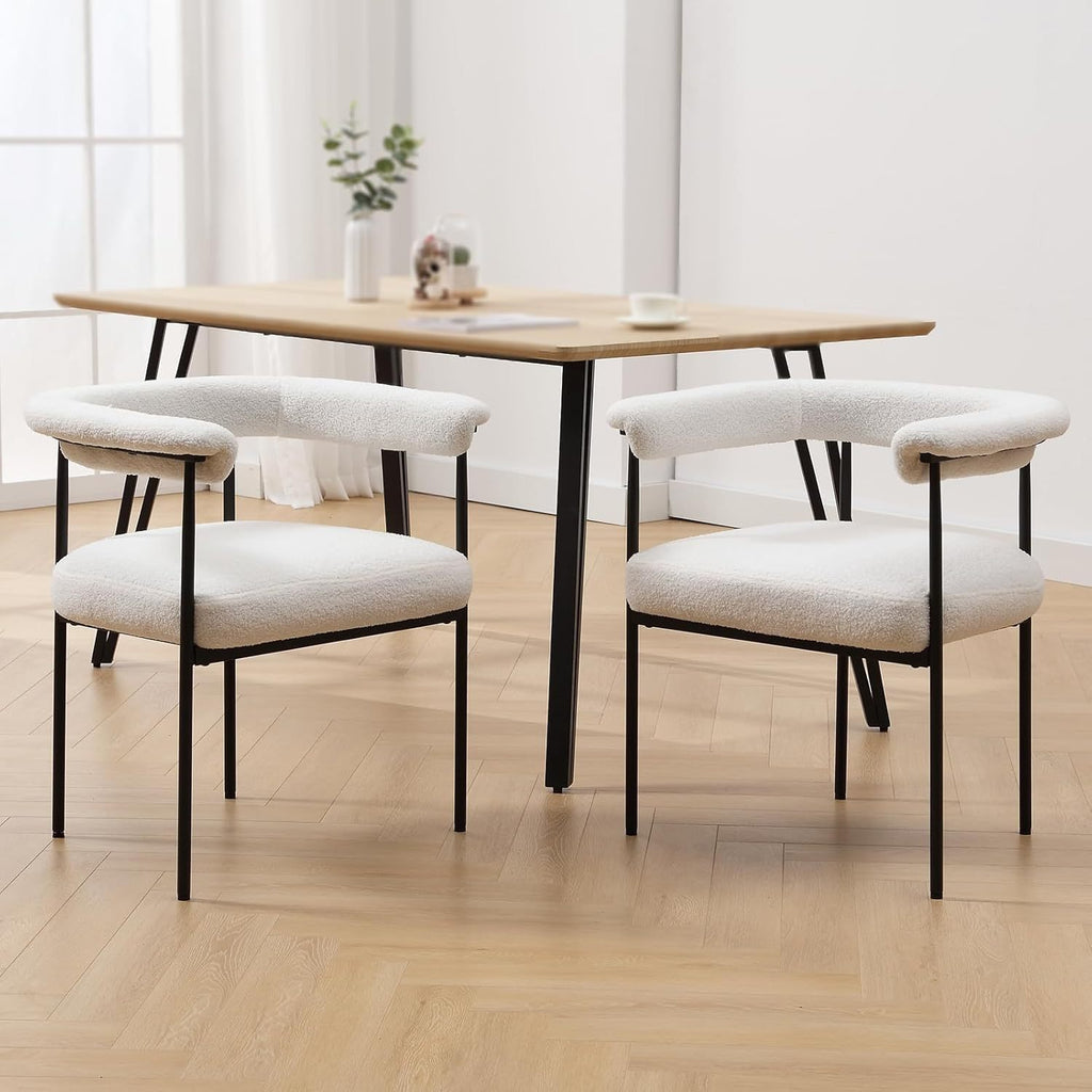 Set of 2 Modern Barrel Dining Chairs Faux Leather Upholstered Accent Side Chairs Vanity Chairs with Metal Finish for Kitchen Dining Room Living Room