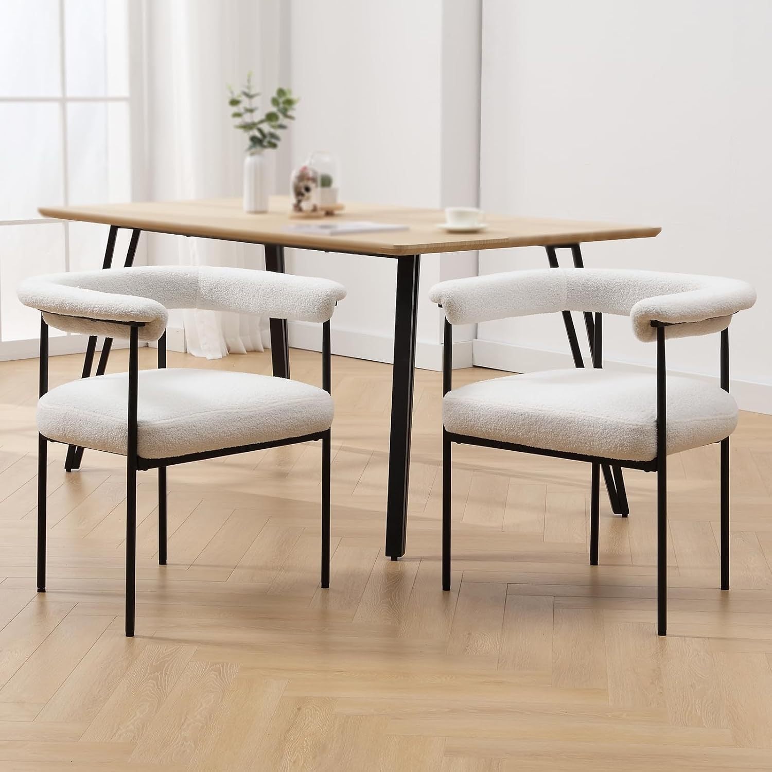 Set of 2 Modern Barrel Dining Chairs Faux Leather Upholstered Accent Side Chairs Vanity Chairs with Metal Finish for Kitchen Dining Room Living Room