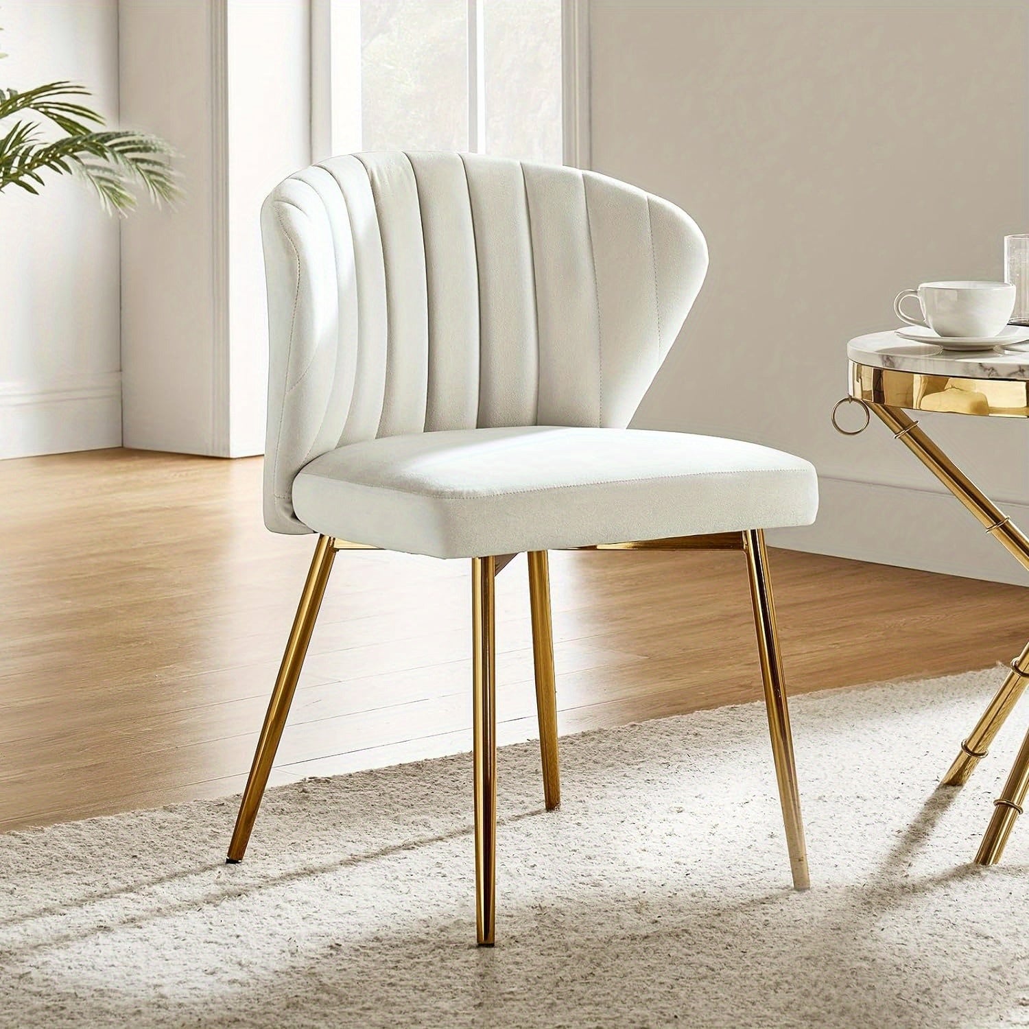 Contemporary Velvet Dining Chair, Compact Vanity Chair with Backrest, Stylish Metal Legs, Chic Tufted Armless Accent Chair for Living Room, Upholstered Adorable Side Chair for Bedroom And Beauty Room - Ivory