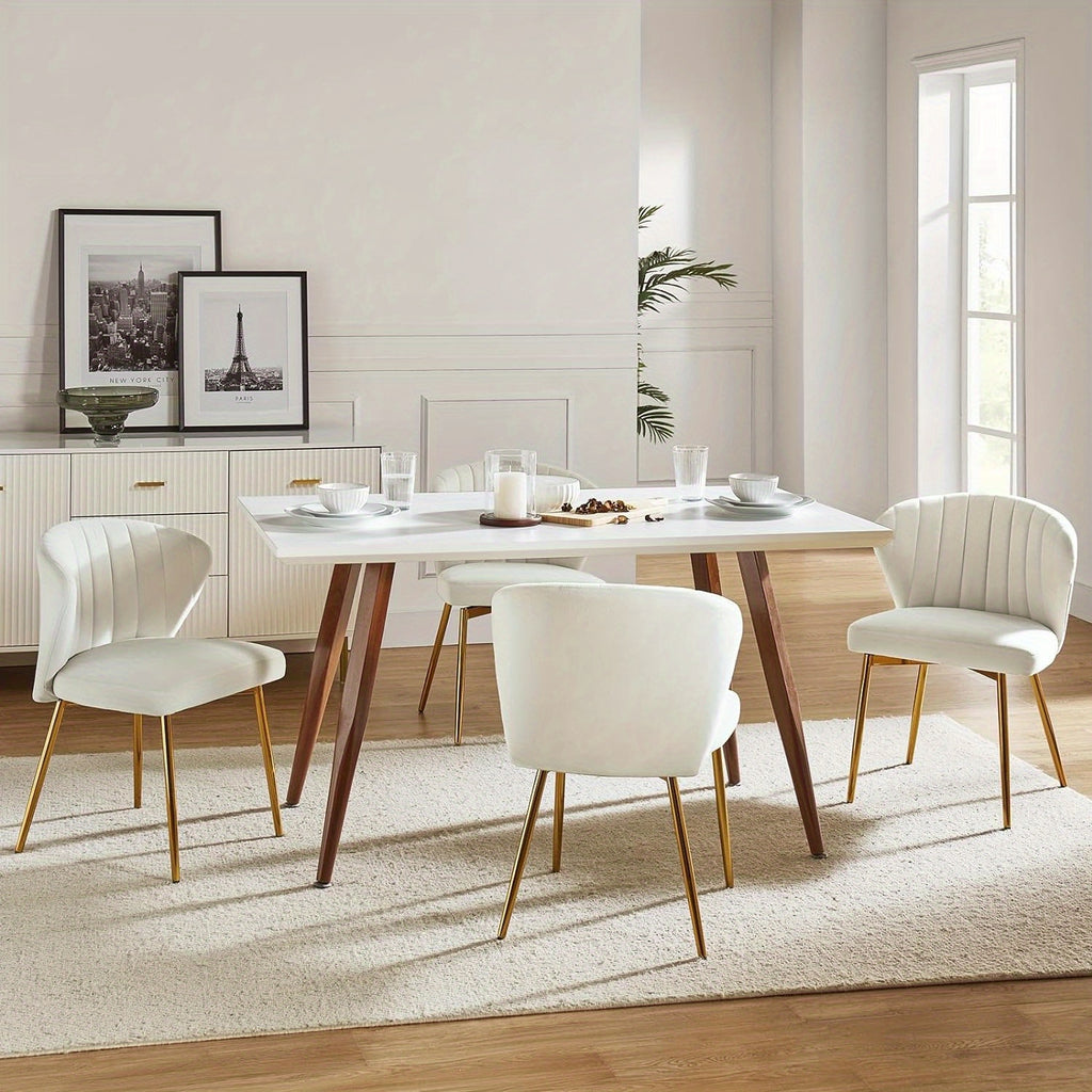 Contemporary Velvet Dining Chair, Compact Vanity Chair with Backrest, Stylish Metal Legs, Chic Tufted Armless Accent Chair for Living Room, Upholstered Adorable Side Chair for Bedroom And Beauty Room - Ivory