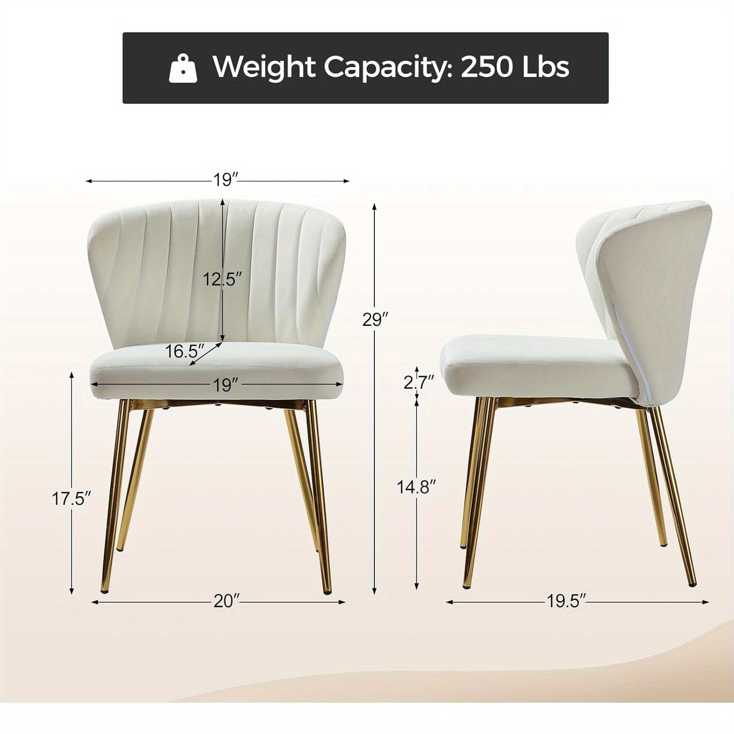 Contemporary Velvet Dining Chair, Compact Vanity Chair with Backrest, Stylish Metal Legs, Chic Tufted Armless Accent Chair for Living Room, Upholstered Adorable Side Chair for Bedroom And Beauty Room - Ivory