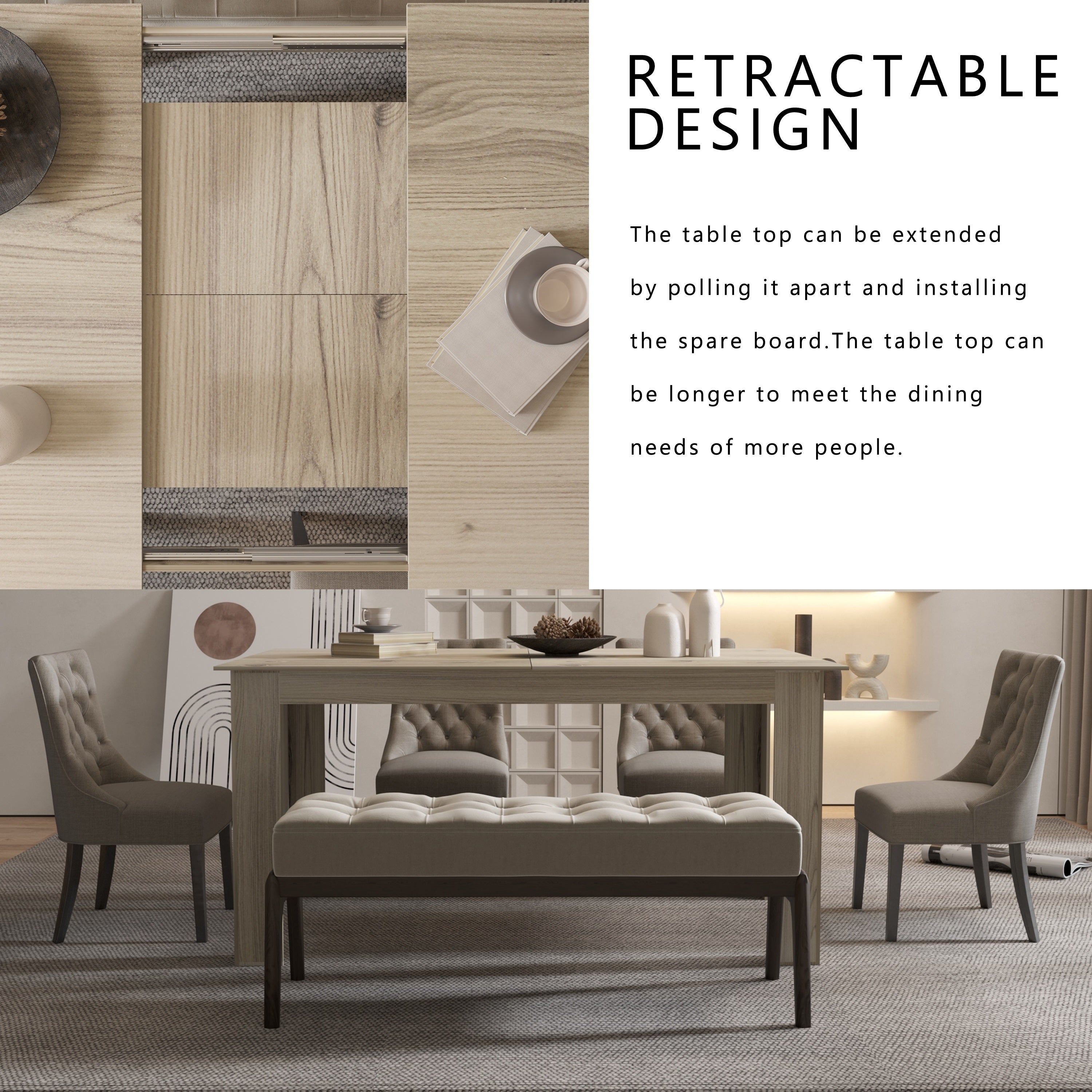 Extendable Dining Table Measuring 5-7.2 Feet, Suitable for 6 to 8 Individuals, Featuring a Modern Design with a Leaf, Ideal for Compact Dining Areas