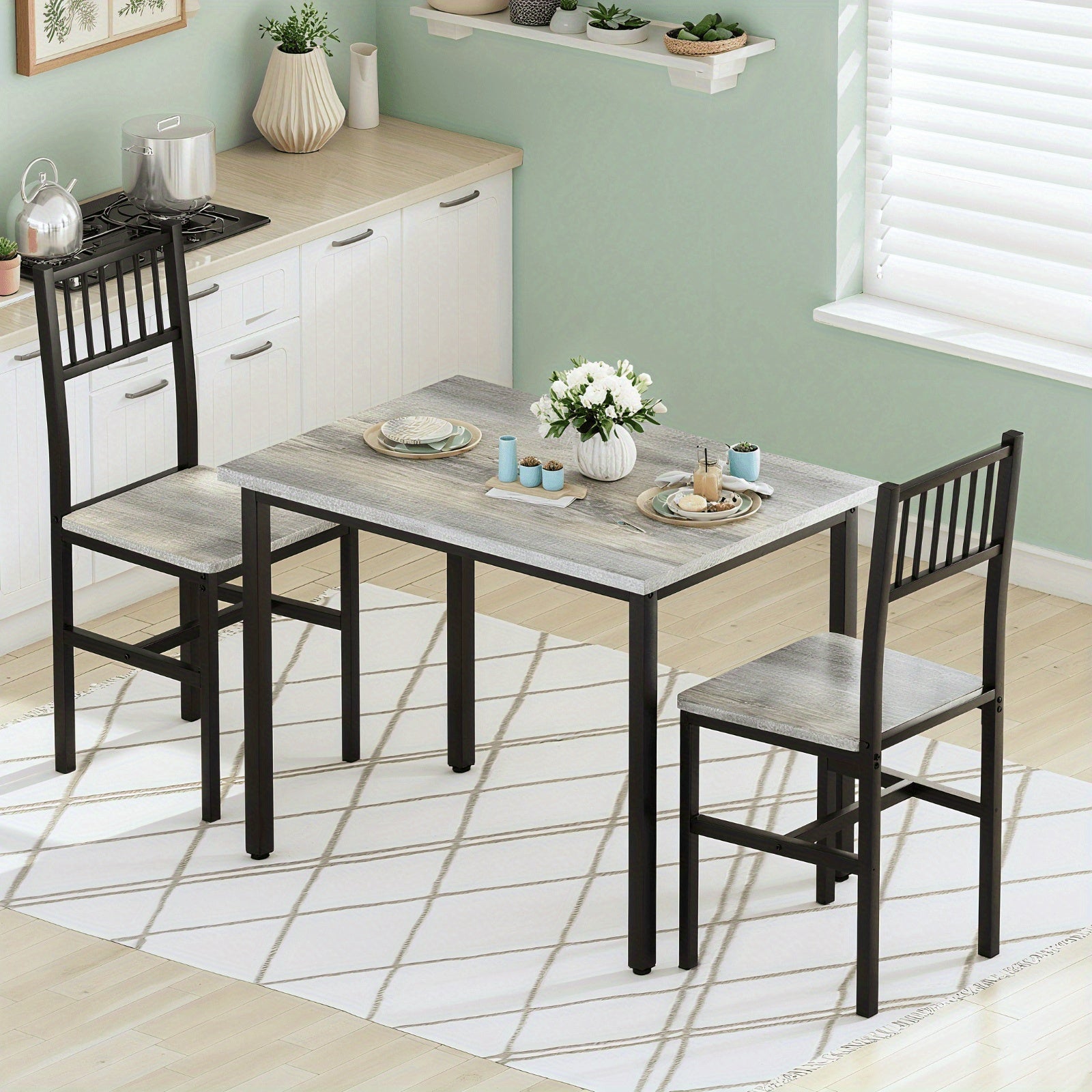 3pcs Dining Table Set for 2, Small Industrial Kitchen Table with 2 Chairs, Wood Breakfast Nook Table And Chairs Set Of 2, Dinner Table Set for Small Spaces, Dining Room, Apartment, Spacesaving Furniture, Compact Dining, Minimalist Design