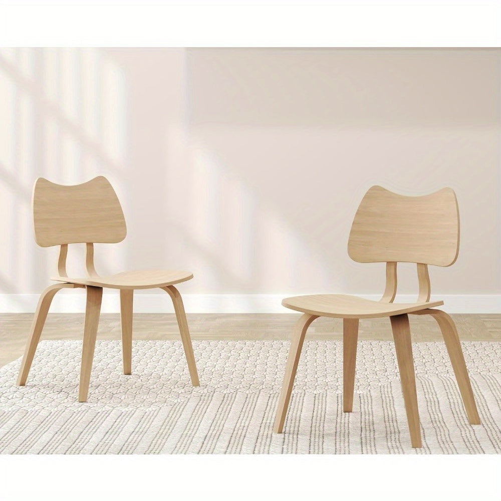 Set of 2 Wood Dining Chairs Mid Century ModernDining Room Chairs Farmhouse Small Kitchen Chairs with Cute Cat Ear Back Armless Side Chair for Living Room, Natural