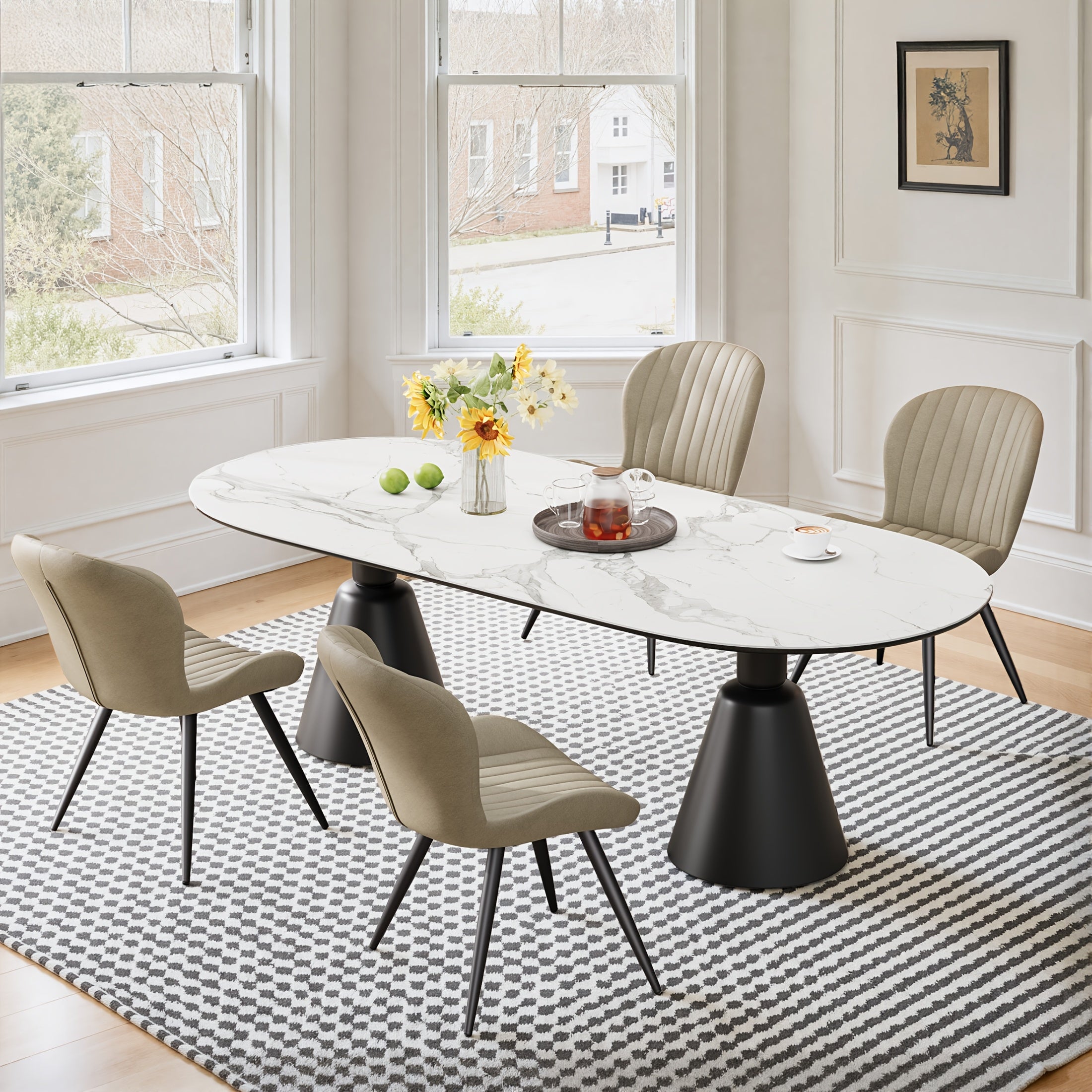 Set Of 2\u002F4 Dining Chairs, Boucle Upholstered Kitchen Chairs with Curved Backrest & Metal Legs, Mid Century Modern Round Dining Room Chairs for Vanity, Living Room