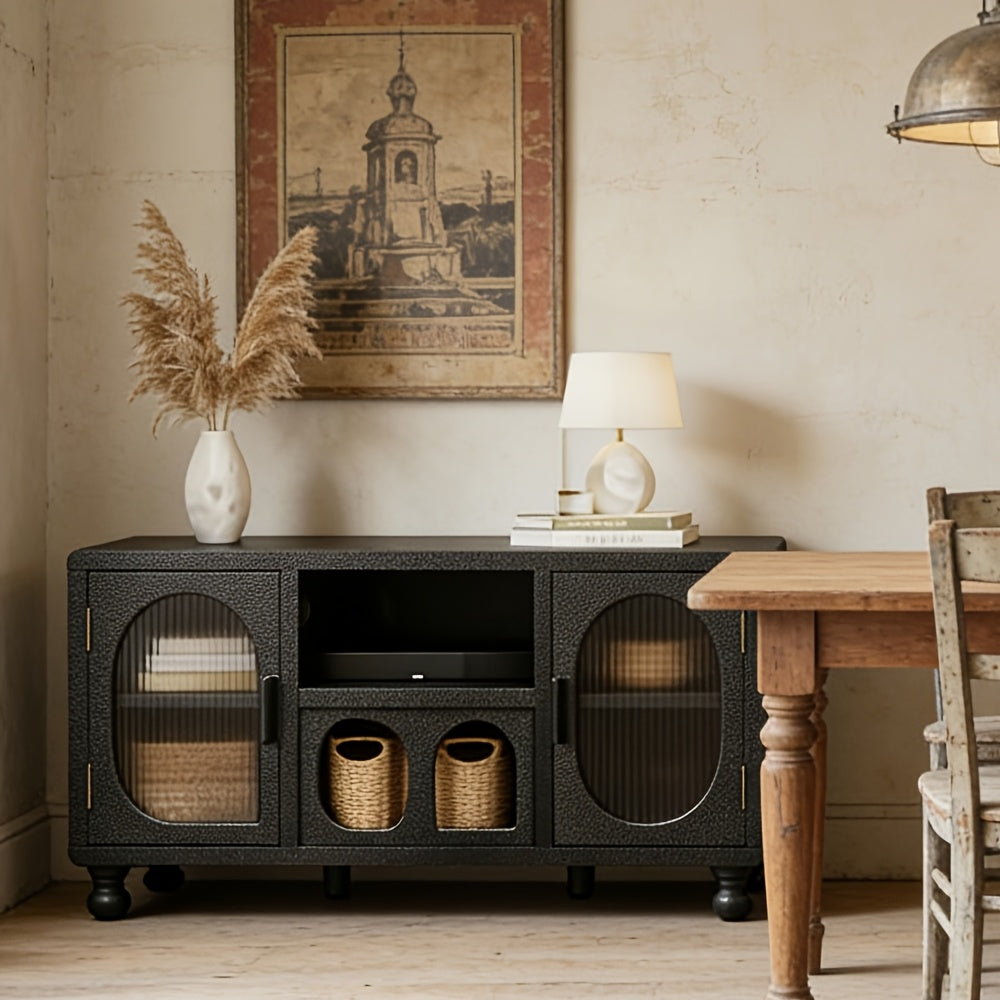 A 47-Inch Wide Hollow Display Cabinet Featuring Glass Doors, This Accent Sideboard Includes Two Arched Doors And One Shelf, Making It a Stylish Wood Buffet Cabinet Suitable for Home Entryways