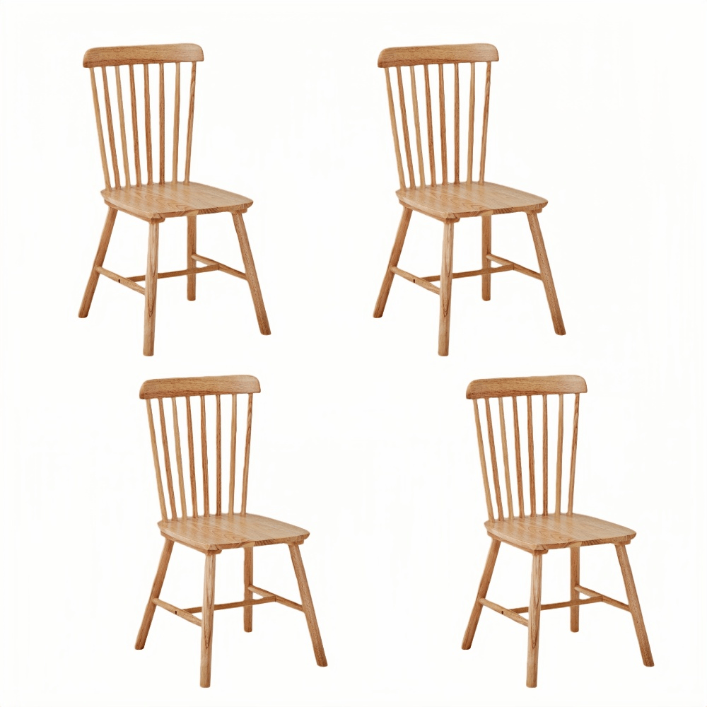4pcs Solid Rubber Wood Dining Chairs - Natural Wood Grain Table Chairs with Wide Depth & Curved Backrest, FAS Solid Wood, Farmhouse, Dining Room (, -Skid Feet) - Style
