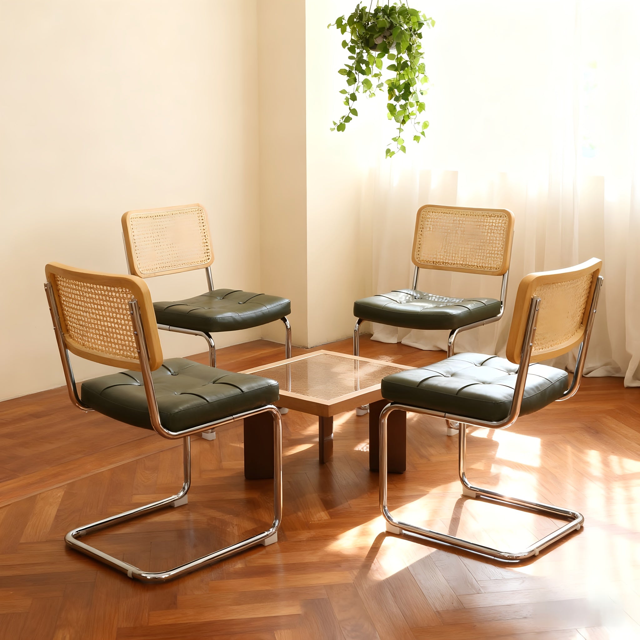 Dining Chairs Set Of 4, Faux Leather Rattan Side Accent Chairs with Chrome Legs, Modern Mid Century Breuer Designed Chairs, Upholstered Dining Living Room Kitchen Chairs