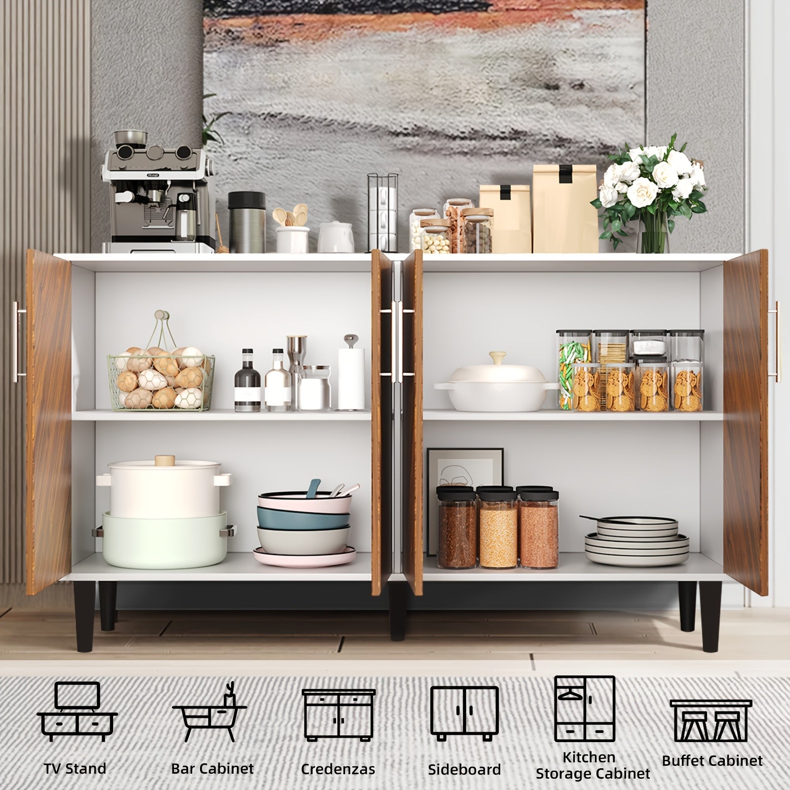 Modern Farmhouse Freestanding TV Stand & Cabinet Suitable for Bedroom & - Adjustable Shelf Wood Sideboard with Storage, Sturdy MDF\u002FFiberboard, TV-Compatible Cabinet