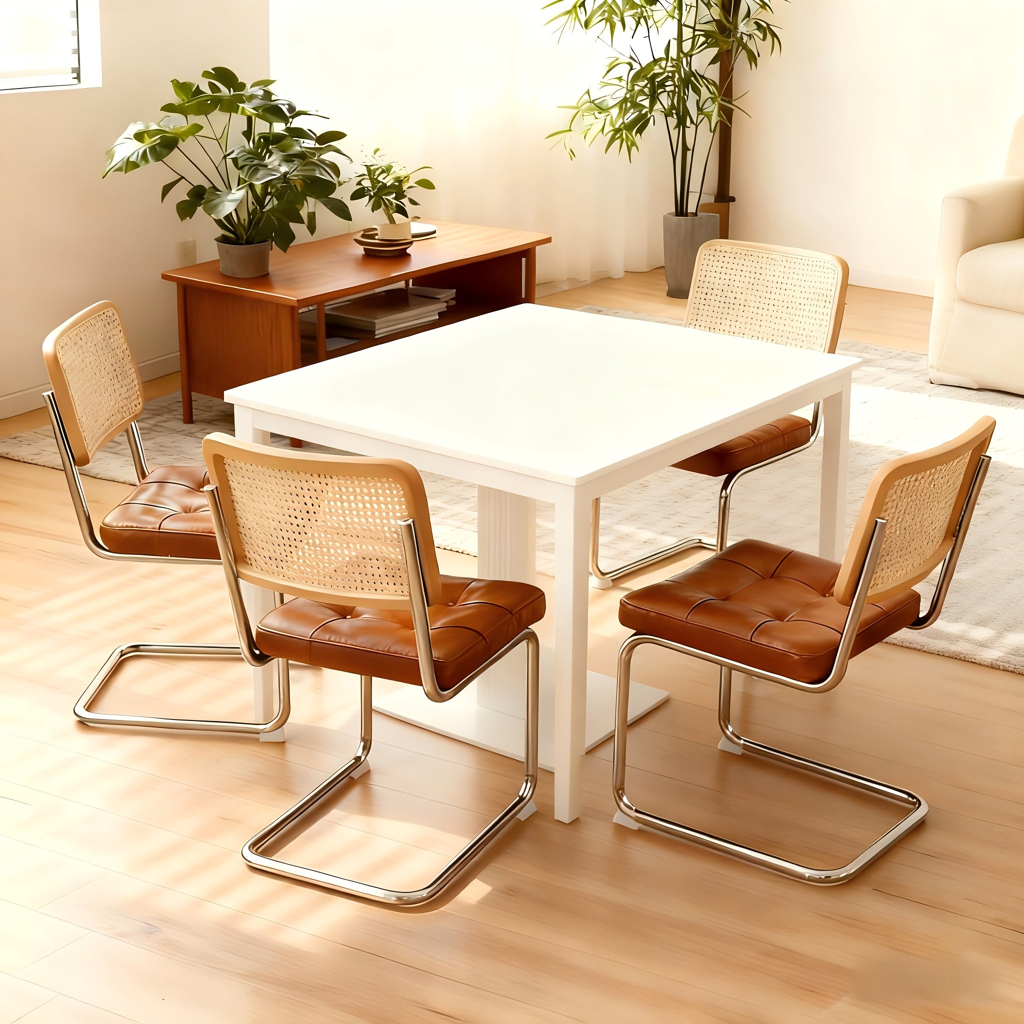 Dining Chairs Set Of 4, Faux Leather Rattan Side Accent Chairs with Chrome Legs, Modern Mid Century Breuer Designed Chairs, Upholstered Dining Living Room Kitchen Chairs