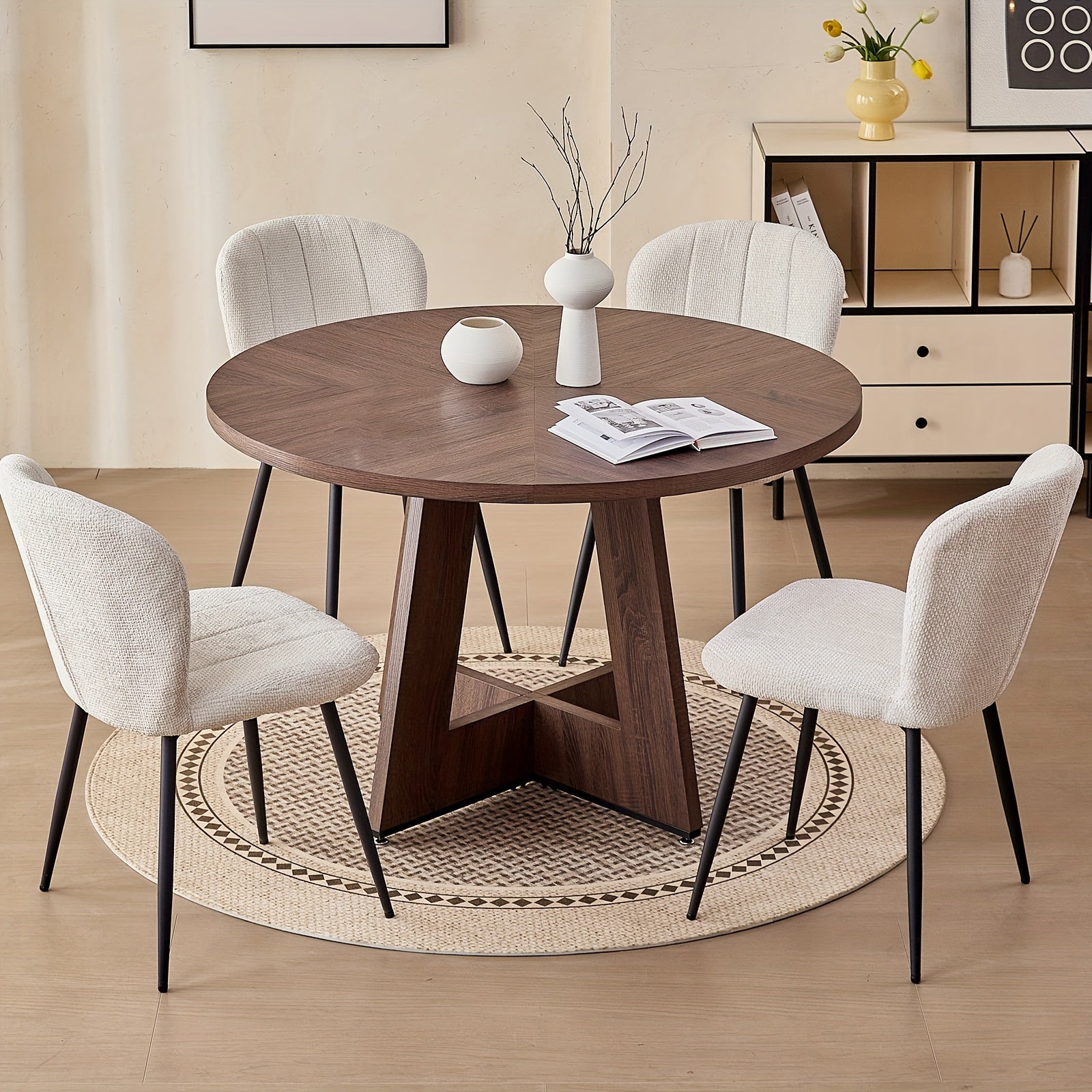 47-inch Round Dining Table Suitable for 4 People - Thick 1.38-inch Tabletop & Fanned Base Legs, Walnut Engineered Wood with Wood Veneer - Modern Farmhouse Kitchen Table for Living Room, Assembly Required (No Further Installation)