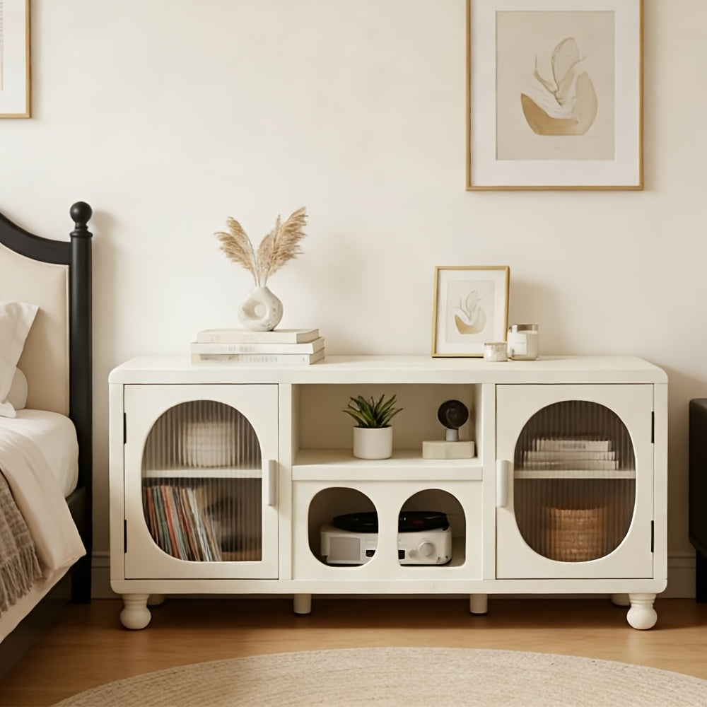 A 47-Inch Wide Hollow Display Cabinet Featuring Glass Doors, This Accent Sideboard Includes Two Arched Doors And One Shelf, Making It a Stylish Wood Buffet Cabinet Suitable for Home Entryways