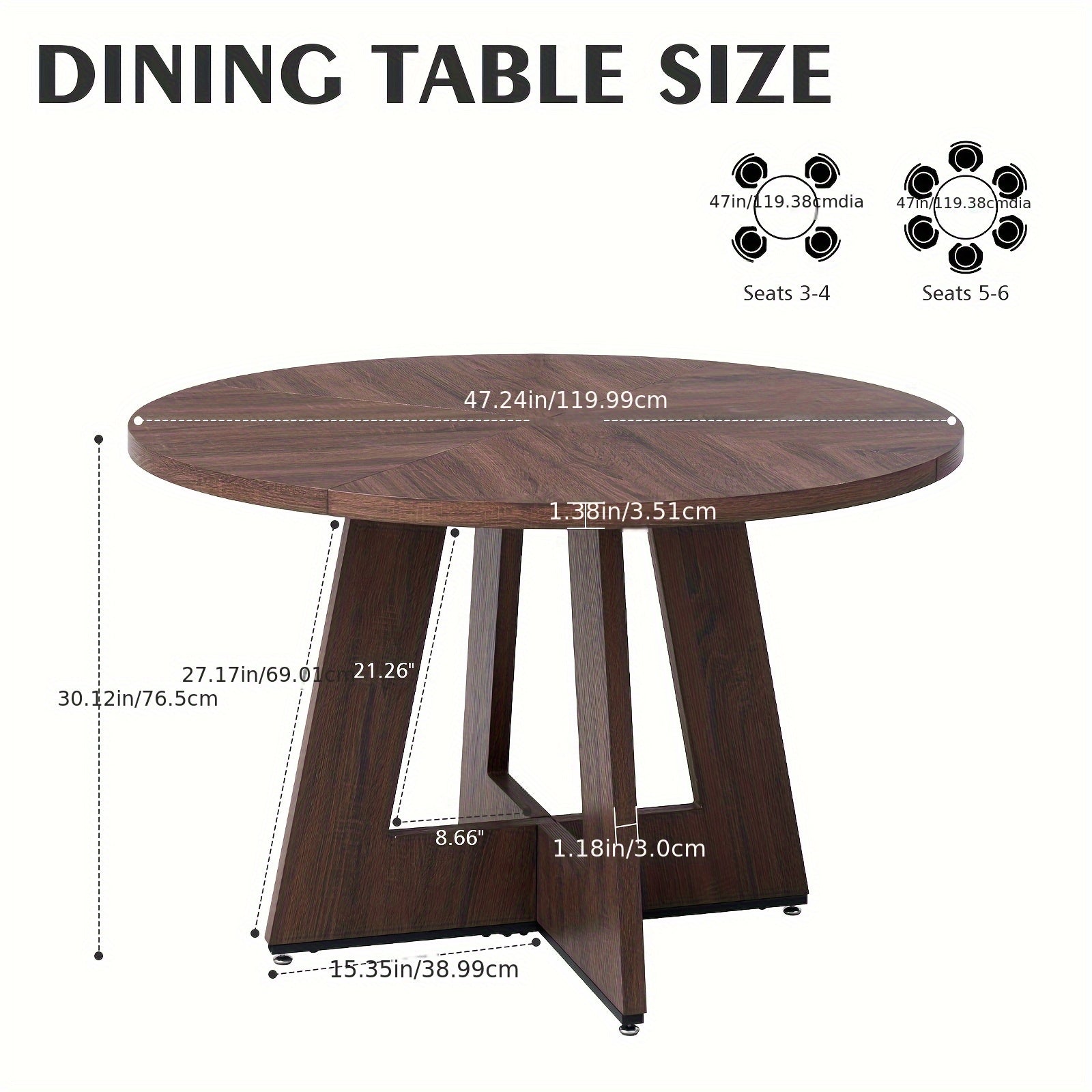 47-inch Round Dining Table Suitable for 4 People - Thick 1.38-inch Tabletop & Fanned Base Legs, Walnut Engineered Wood with Wood Veneer - Modern Farmhouse Kitchen Table for Living Room, Assembly Required (No Further Installation)