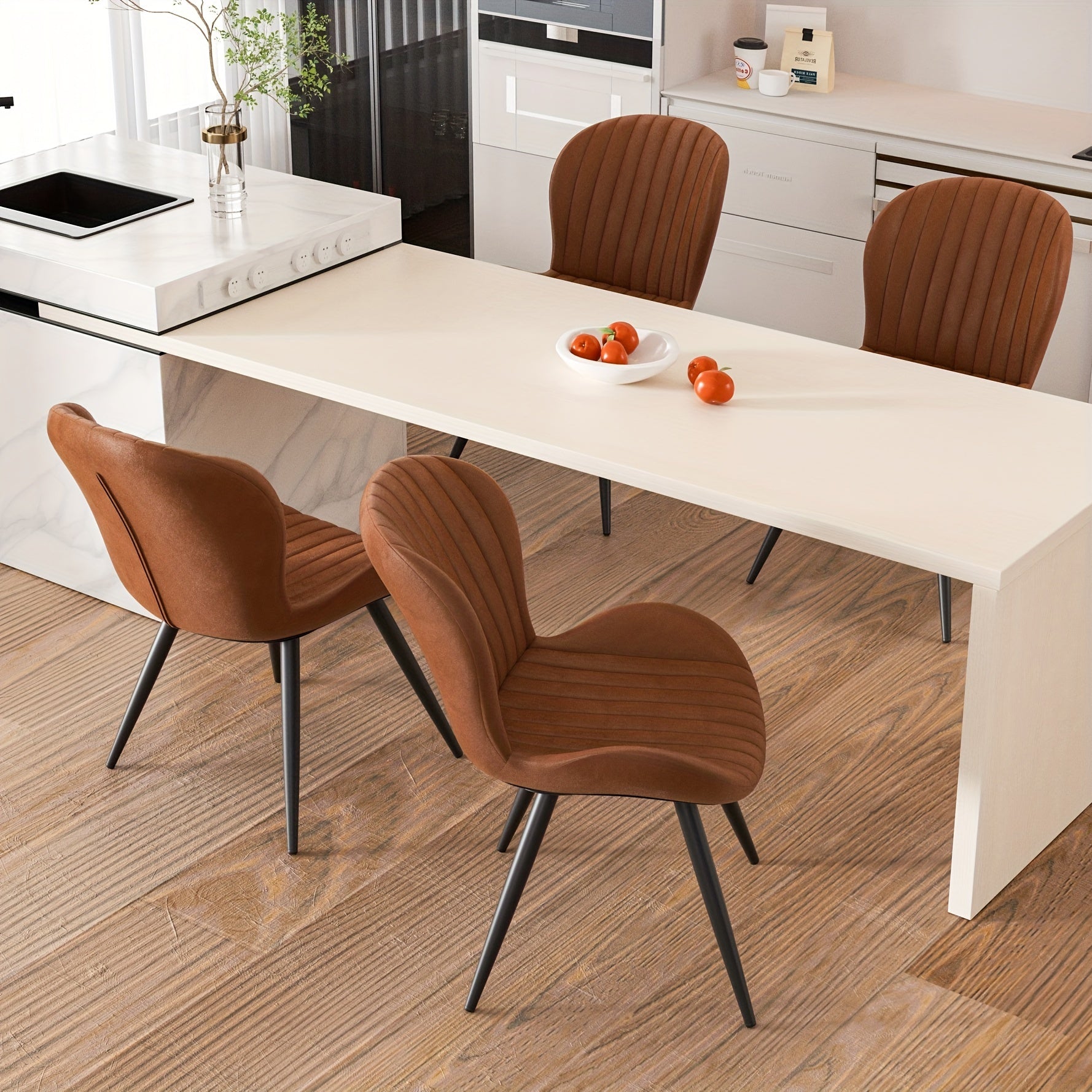 Set Of 2\u002F4 Dining Chairs, Boucle Upholstered Kitchen Chairs with Curved Backrest & Metal Legs, Mid Century Modern Round Dining Room Chairs for Vanity, Living Room