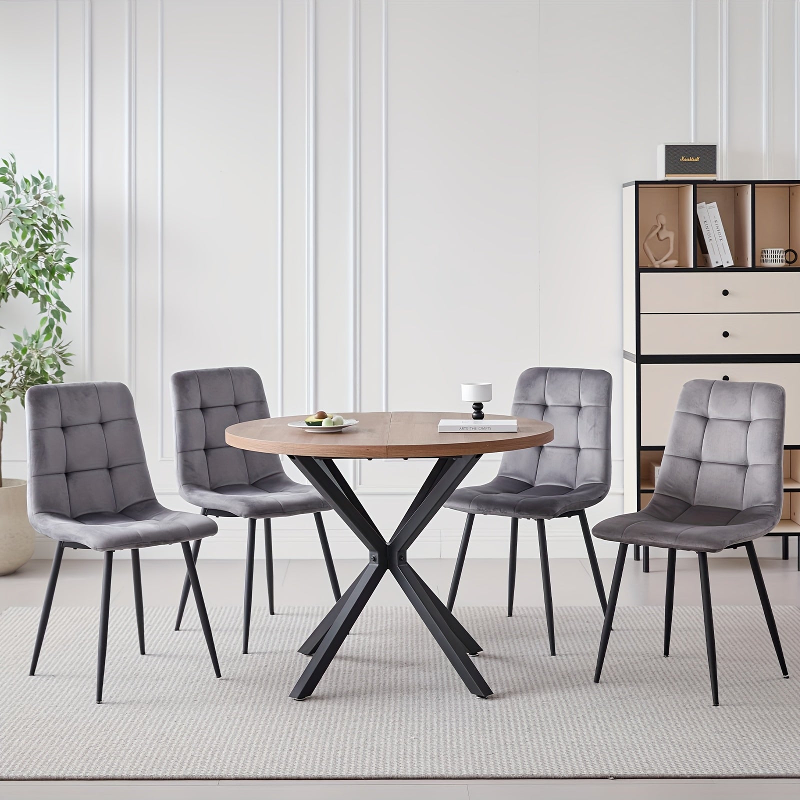 Mid-Century Modern Dining Set 5pcs Mid-Century Modern Round Dining Table Set for 4 - Brown Dinner Table with 4 Chairs, Coffee Table & Chairs with Metal Legs Soft Cushion for Kitchen Dining Room, Apartment