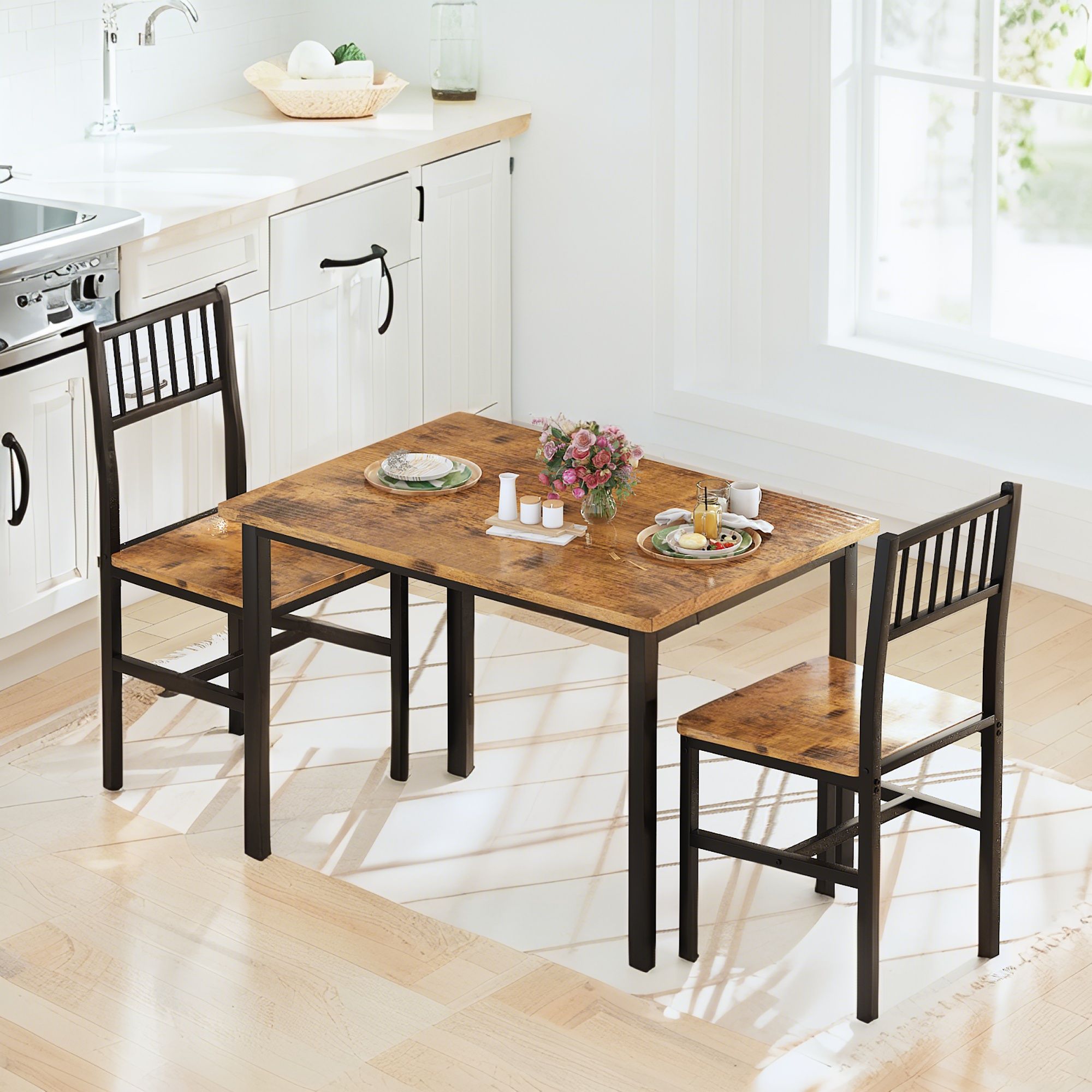Modern Dining Room Table and Chairs Set for 2, 3-Piece Kitchen Table Set with MDF Broad & Metal Frame, Space-Saving Dining Table Set with 2 Chairs & Table for Apartment, Kitchen, Dining Room
