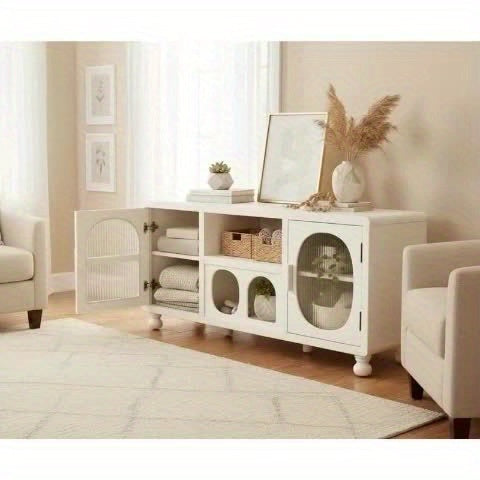 A 47-Inch Wide Hollow Display Cabinet Featuring Glass Doors, This Accent Sideboard Includes Two Arched Doors And One Shelf, Making It a Stylish Wood Buffet Cabinet Suitable for Home Entryways