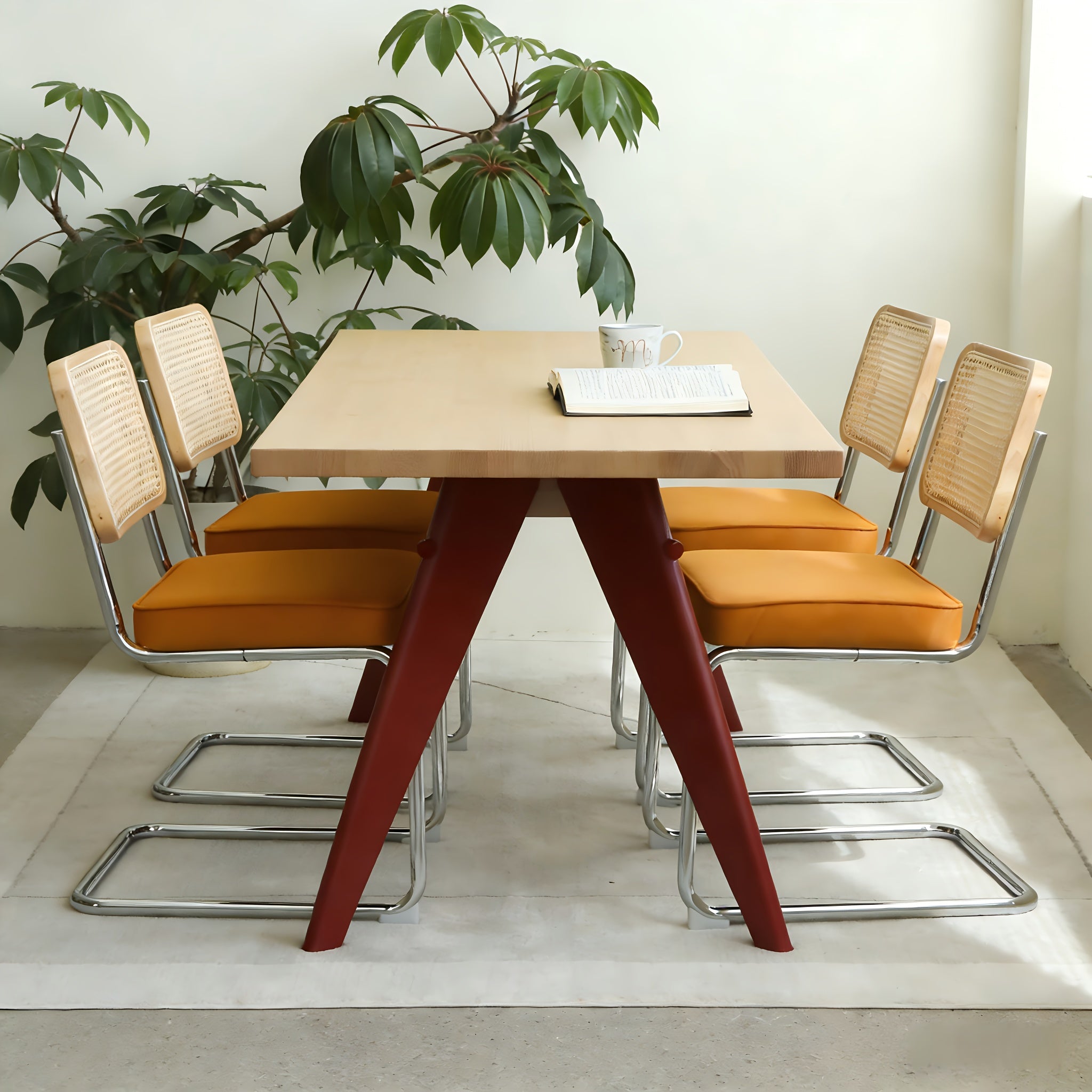 Dining Chairs Set Of 4, Faux Leather Rattan Side Accent Chairs with Chrome Legs, Modern Mid Century Breuer Designed Chairs, Upholstered Dining Living Room Kitchen Chairs