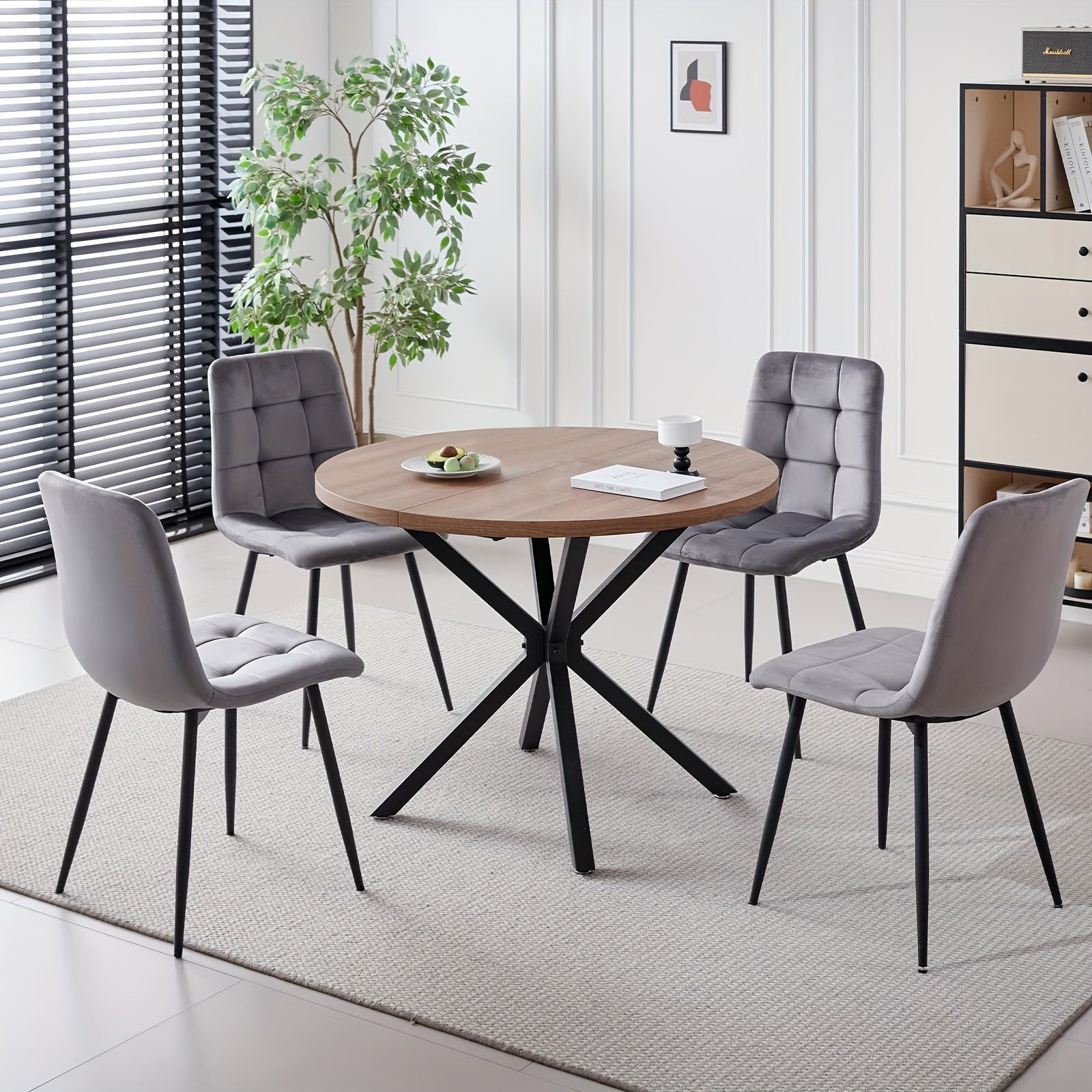 Mid-Century Modern Dining Set 5pcs Mid-Century Modern Round Dining Table Set for 4 - Brown Dinner Table with 4 Chairs, Coffee Table & Chairs with Metal Legs Soft Cushion for Kitchen Dining Room, Apartment