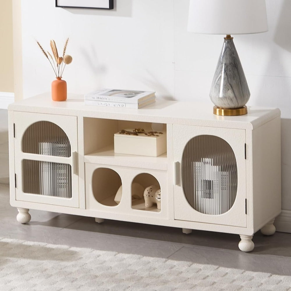 A 47-Inch Wide Hollow Display Cabinet Featuring Glass Doors, This Accent Sideboard Includes Two Arched Doors And One Shelf, Making It a Stylish Wood Buffet Cabinet Suitable for Home Entryways