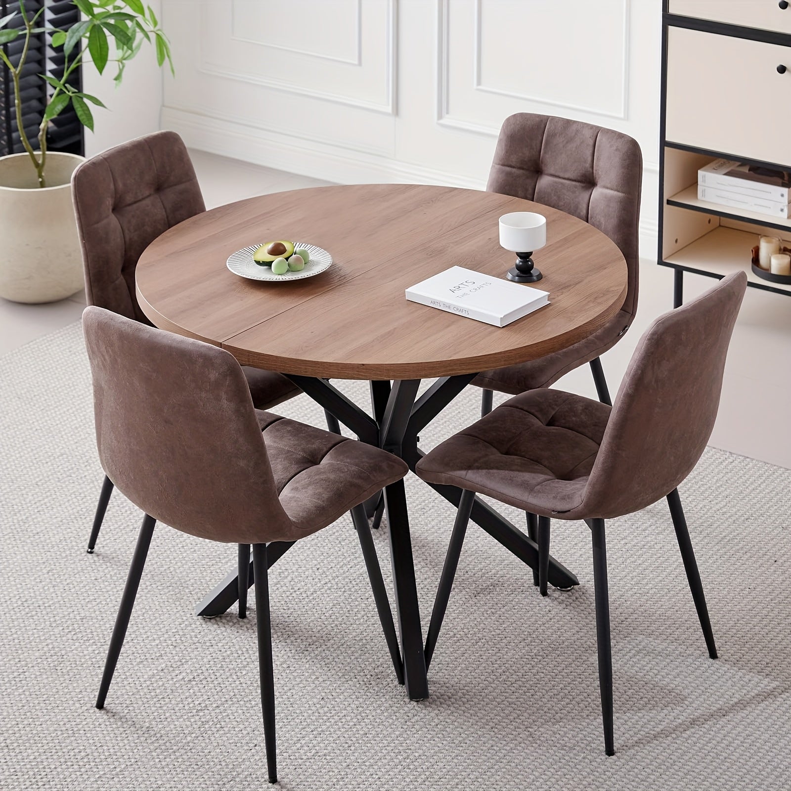 Mid-Century Modern Dining Set 5pcs Mid-Century Modern Round Dining Table Set for 4 - Brown Dinner Table with 4 Chairs, Coffee Table & Chairs with Metal Legs Soft Cushion for Kitchen Dining Room, Apartment