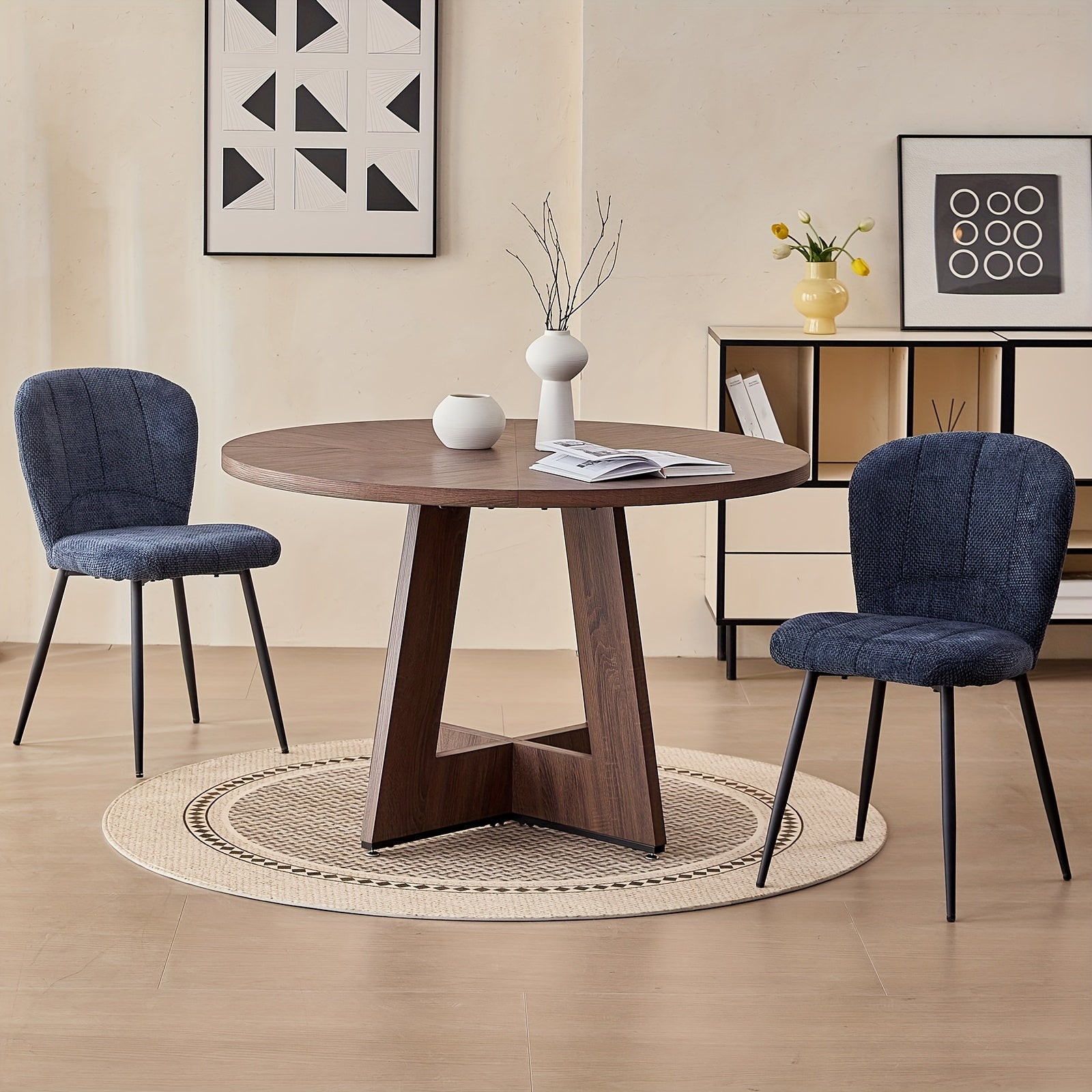 47-inch Round Dining Table Suitable for 4 People - Thick 1.38-inch Tabletop & Fanned Base Legs, Walnut Engineered Wood with Wood Veneer - Modern Farmhouse Kitchen Table for Living Room, Assembly Required (No Further Installation)