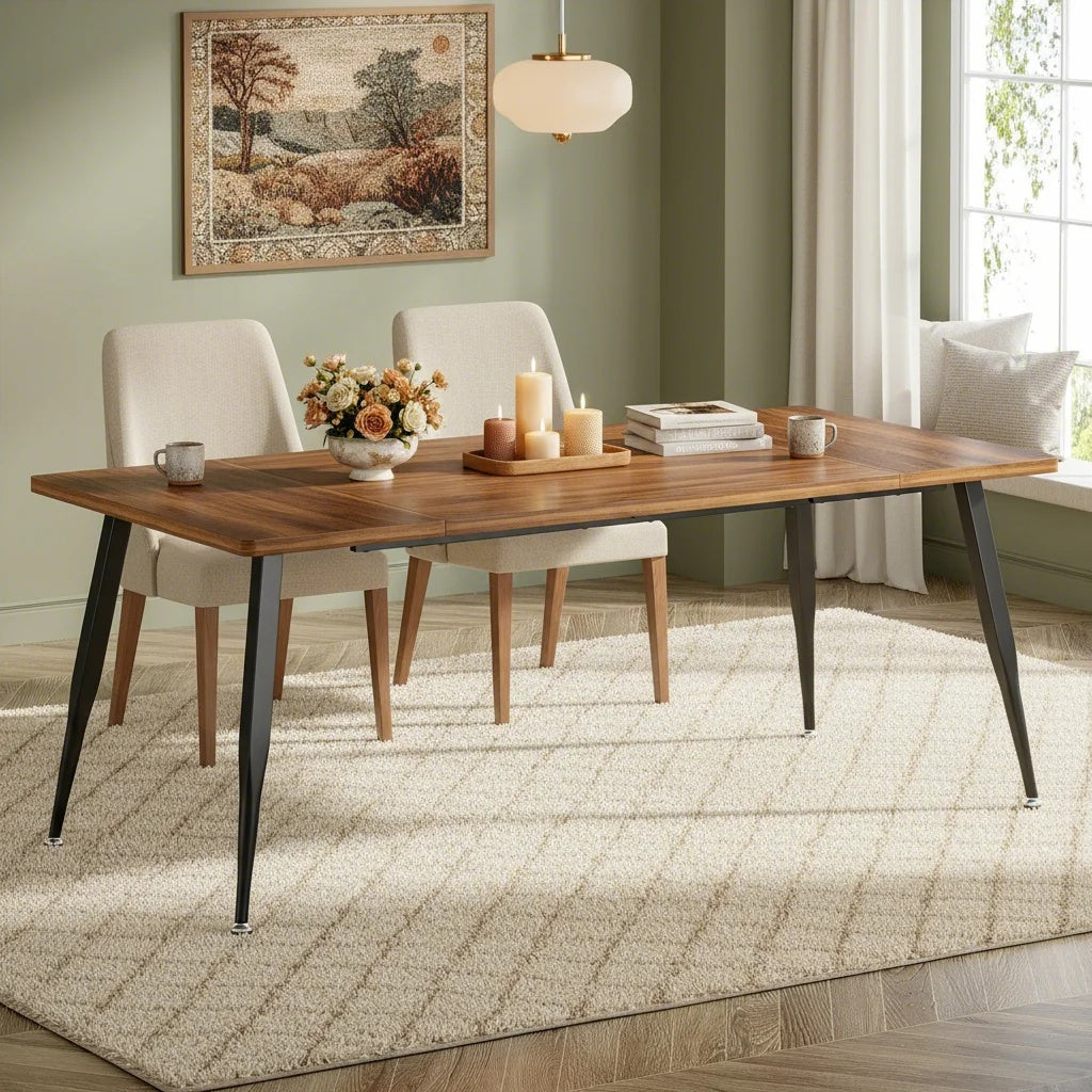 6ft Dining Table, 70.8-Inch Industrial Rectangular Kitchen and Dining Room Table with Metal Legs, Brown & Black Finish (Only Table 1pc)