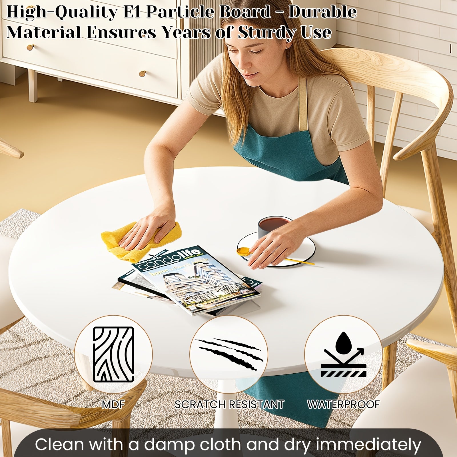 39-Inch Round Dining Table Modern MDF Wood Tabletop with Sturdy Metal Pedestal Base - Large Round Table Seats 4-6 People, Easy Assembly, for family & for (, Engineered Wood)