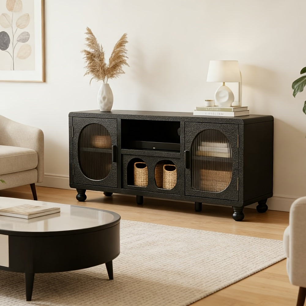 A 47-Inch Wide Hollow Display Cabinet Featuring Glass Doors, This Accent Sideboard Includes Two Arched Doors And One Shelf, Making It a Stylish Wood Buffet Cabinet Suitable for Home Entryways