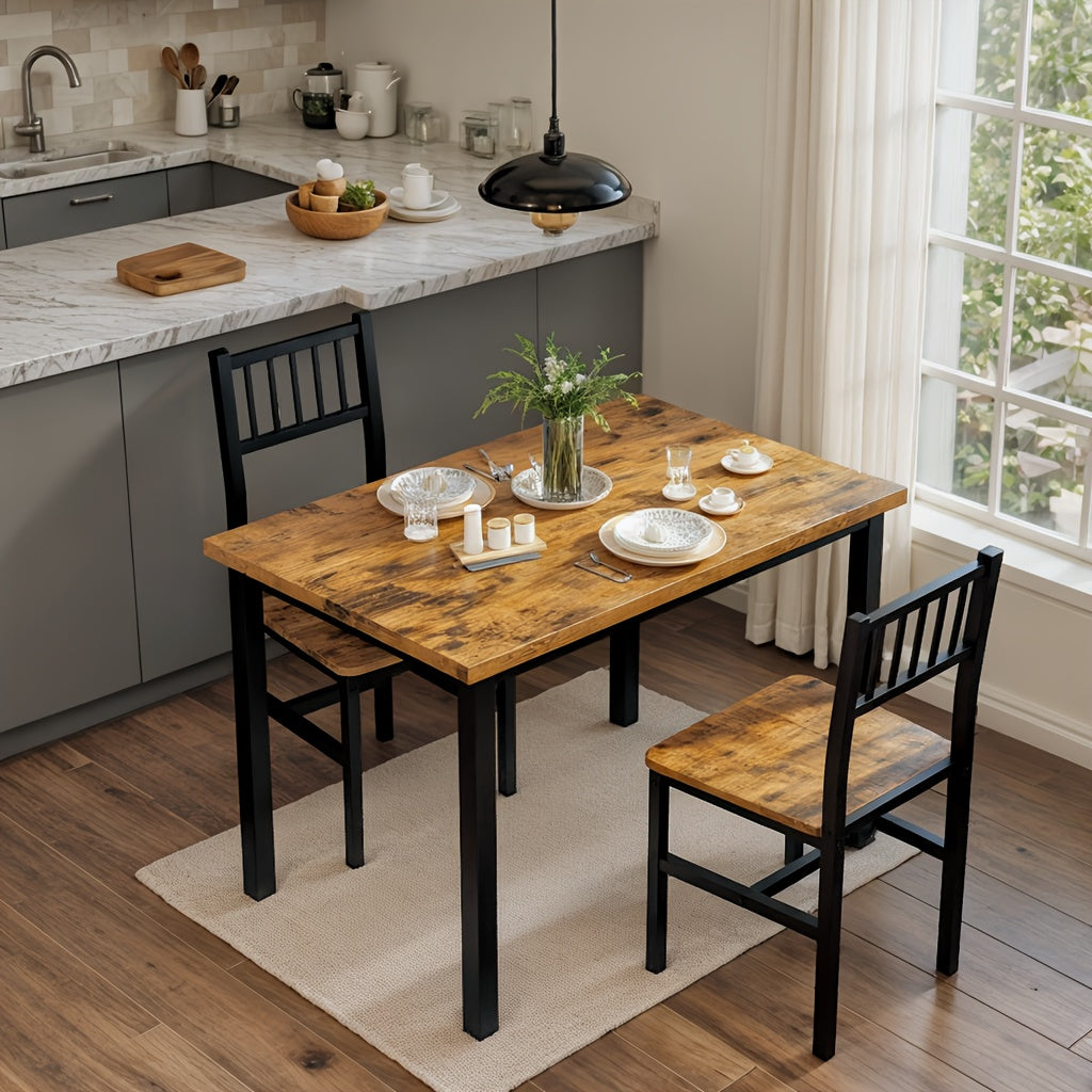 3pcs Dining Table Set for 2, Small Industrial Kitchen Table with 2 Chairs, Wood Breakfast Nook Table And Chairs Set Of 2, Dinner Table Set for Small Spaces, Dining Room, Apartment, Spacesaving Furniture, Compact Dining, Minimalist Design