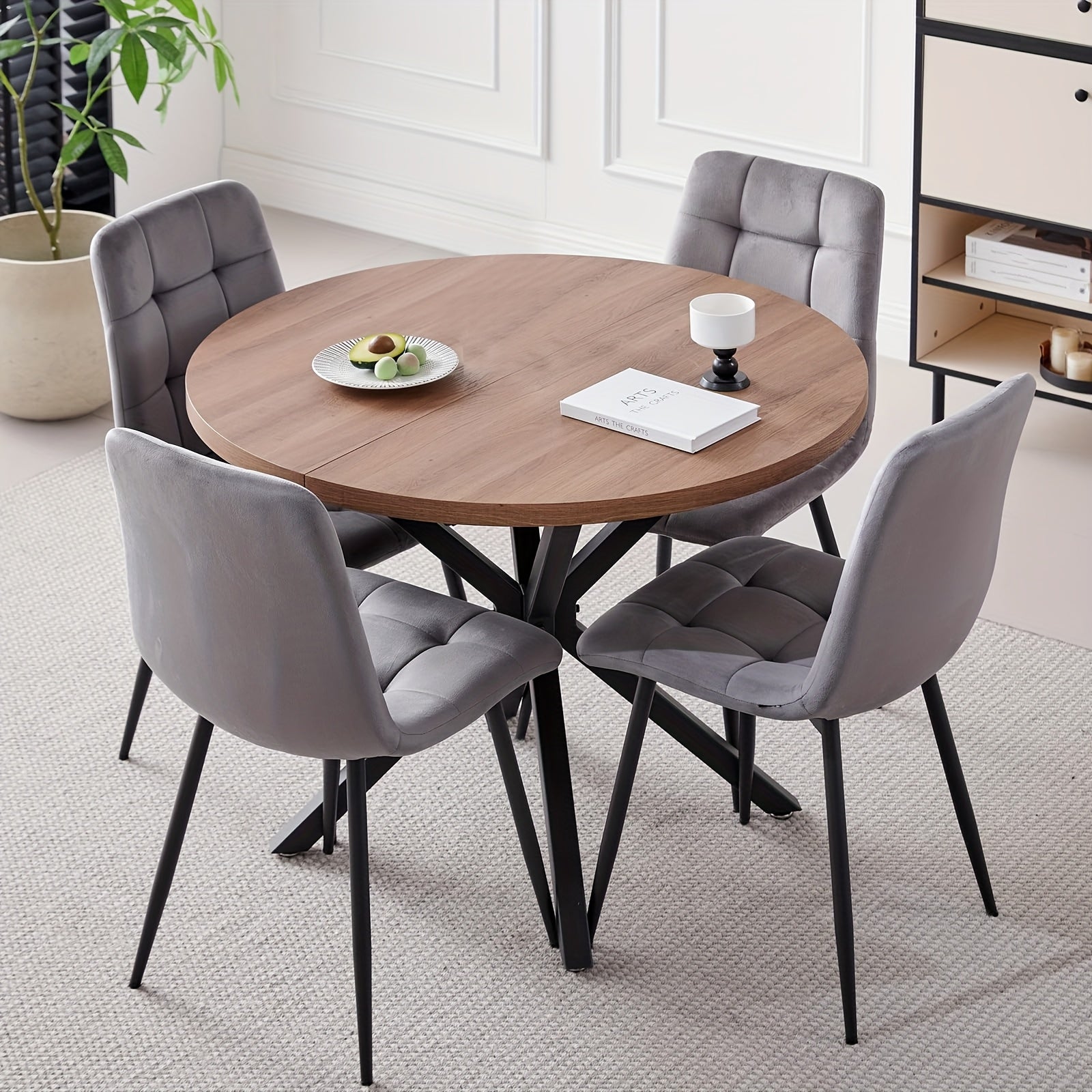 Mid-Century Modern Dining Set 5pcs Mid-Century Modern Round Dining Table Set for 4 - Brown Dinner Table with 4 Chairs, Coffee Table & Chairs with Metal Legs Soft Cushion for Kitchen Dining Room, Apartment