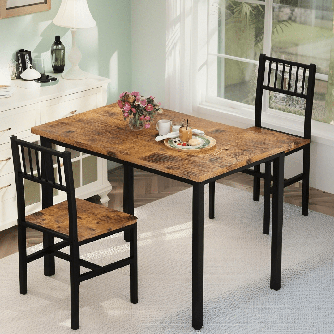 Modern Dining Room Table and Chairs Set for 2, 3-Piece Kitchen Table Set with MDF Broad & Metal Frame, Space-Saving Dining Table Set with 2 Chairs & Table for Apartment, Kitchen, Dining Room