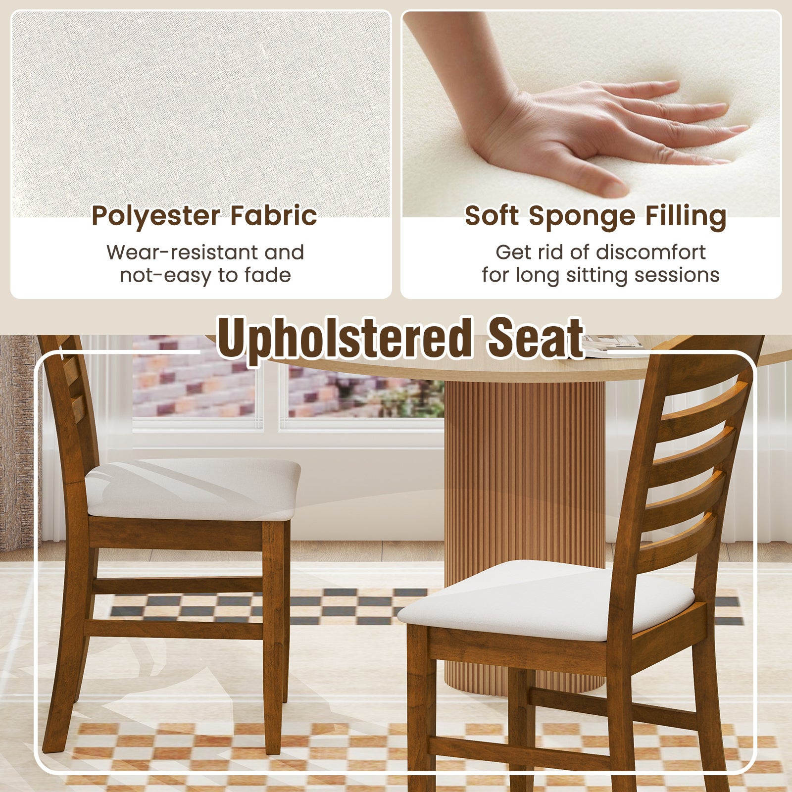 COSTWAY Set of 4 Rustic Modern Farmhouse Dining Chairs with Fabric Upholstered Seats & High-Slatted Backrests - Rubber Wood Frame, Armless Design, Ergonomic Comfort, Natural Wood Tone & Cushions - Heavy-Duty 220lb Capacity