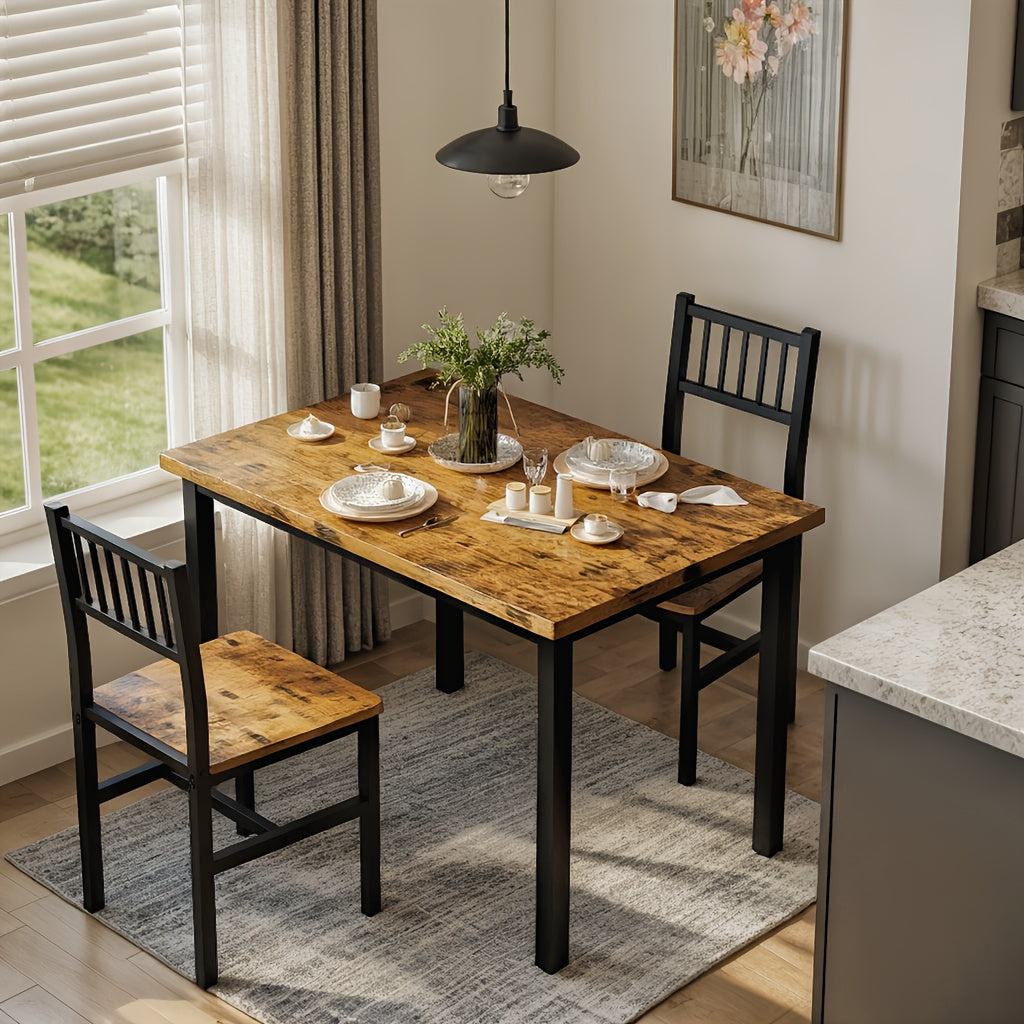3pcs Dining Table Set for 2, Small Industrial Kitchen Table with 2 Chairs, Wood Breakfast Nook Table And Chairs Set Of 2, Dinner Table Set for Small Spaces, Dining Room, Apartment, Spacesaving Furniture, Compact Dining, Minimalist Design