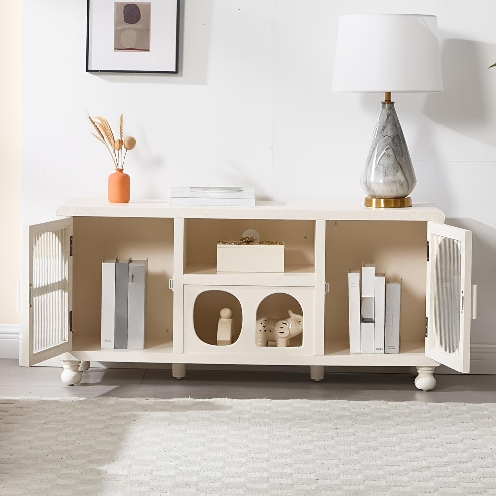 A 47-Inch Wide Hollow Display Cabinet Featuring Glass Doors, This Accent Sideboard Includes Two Arched Doors And One Shelf, Making It a Stylish Wood Buffet Cabinet Suitable for Home Entryways