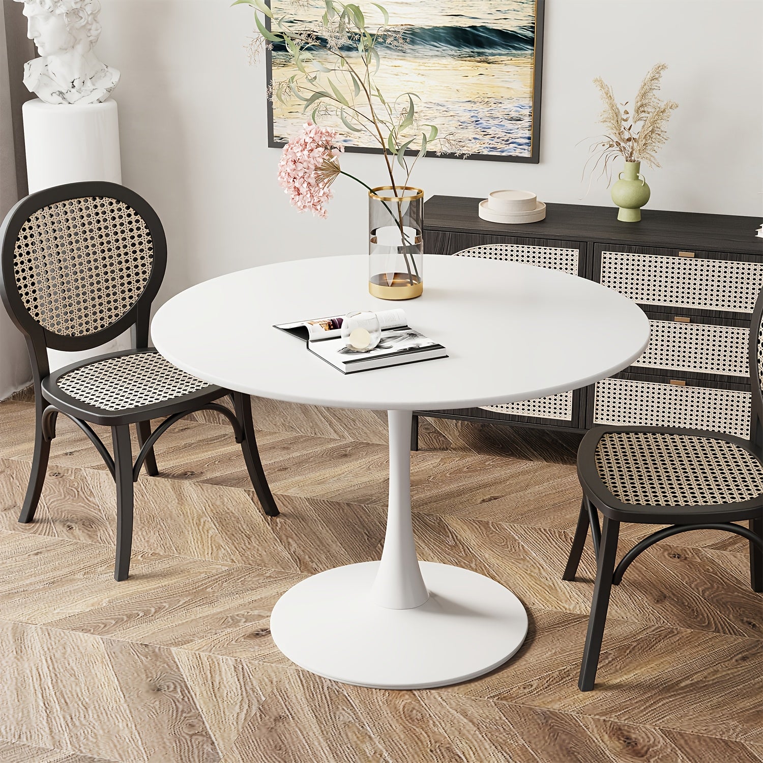 39-Inch Round Dining Table Modern MDF Wood Tabletop with Sturdy Metal Pedestal Base - Large Round Table Seats 4-6 People, Easy Assembly, for family & for (, Engineered Wood)