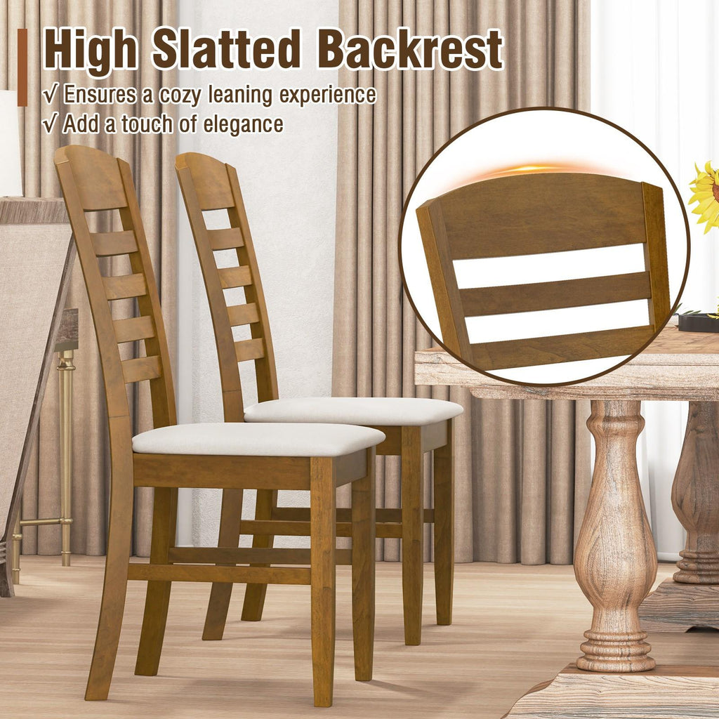 COSTWAY Set of 4 Rustic Modern Farmhouse Dining Chairs with Fabric Upholstered Seats & High-Slatted Backrests - Rubber Wood Frame, Armless Design, Ergonomic Comfort, Natural Wood Tone & Cushions - Heavy-Duty 220lb Capacity