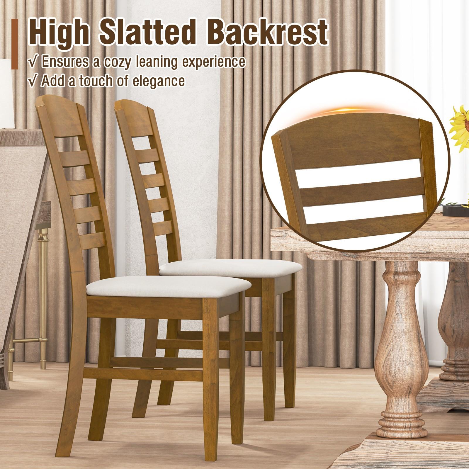 COSTWAY Set of 4 Rustic Modern Farmhouse Dining Chairs with Fabric Upholstered Seats & High-Slatted Backrests - Rubber Wood Frame, Armless Design, Ergonomic Comfort, Natural Wood Tone & Cushions - Heavy-Duty 220lb Capacity