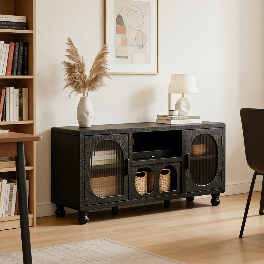 A 47-Inch Wide Hollow Display Cabinet Featuring Glass Doors, This Accent Sideboard Includes Two Arched Doors And One Shelf, Making It a Stylish Wood Buffet Cabinet Suitable for Home Entryways