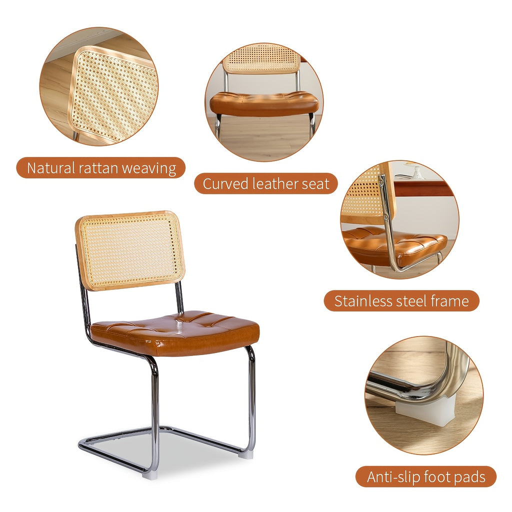 Dining Chairs Set Of 4, Faux Leather Rattan Side Accent Chairs with Chrome Legs, Modern Mid Century Breuer Designed Chairs, Upholstered Dining Living Room Kitchen Chairs