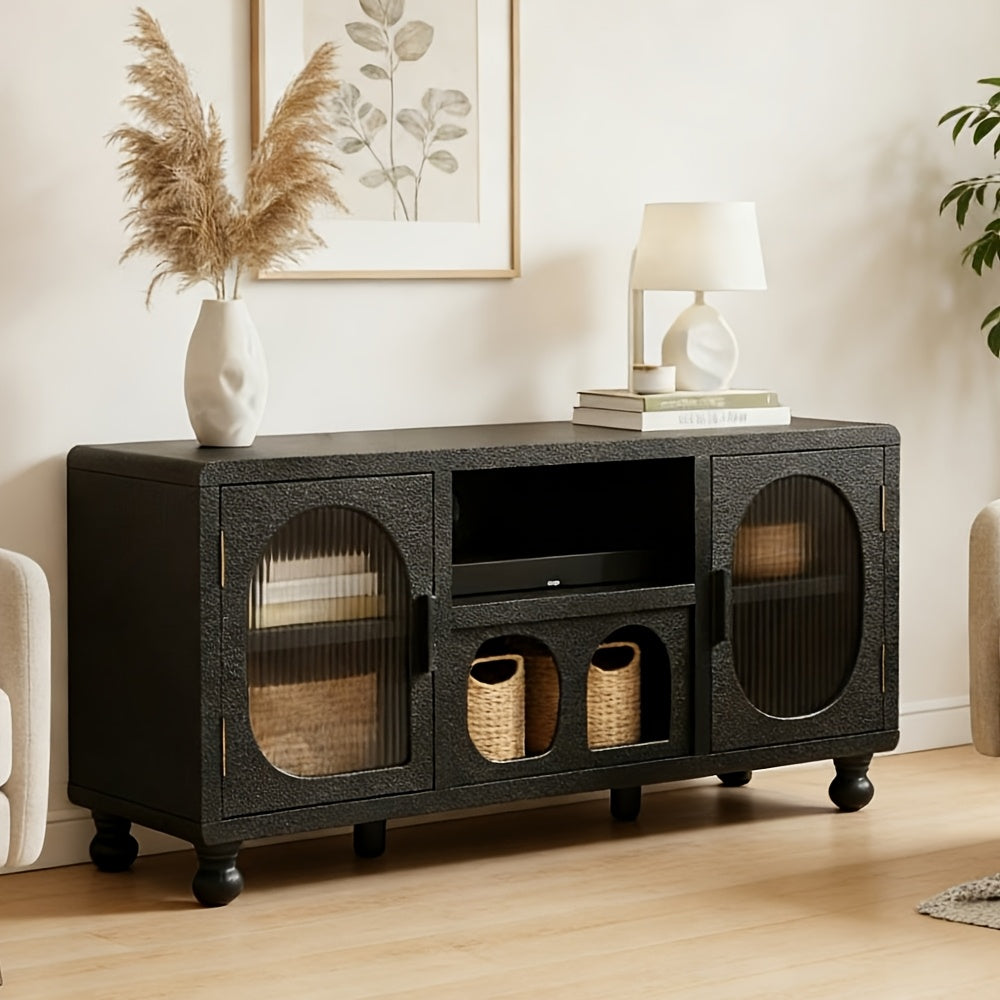 A 47-Inch Wide Hollow Display Cabinet Featuring Glass Doors, This Accent Sideboard Includes Two Arched Doors And One Shelf, Making It a Stylish Wood Buffet Cabinet Suitable for Home Entryways