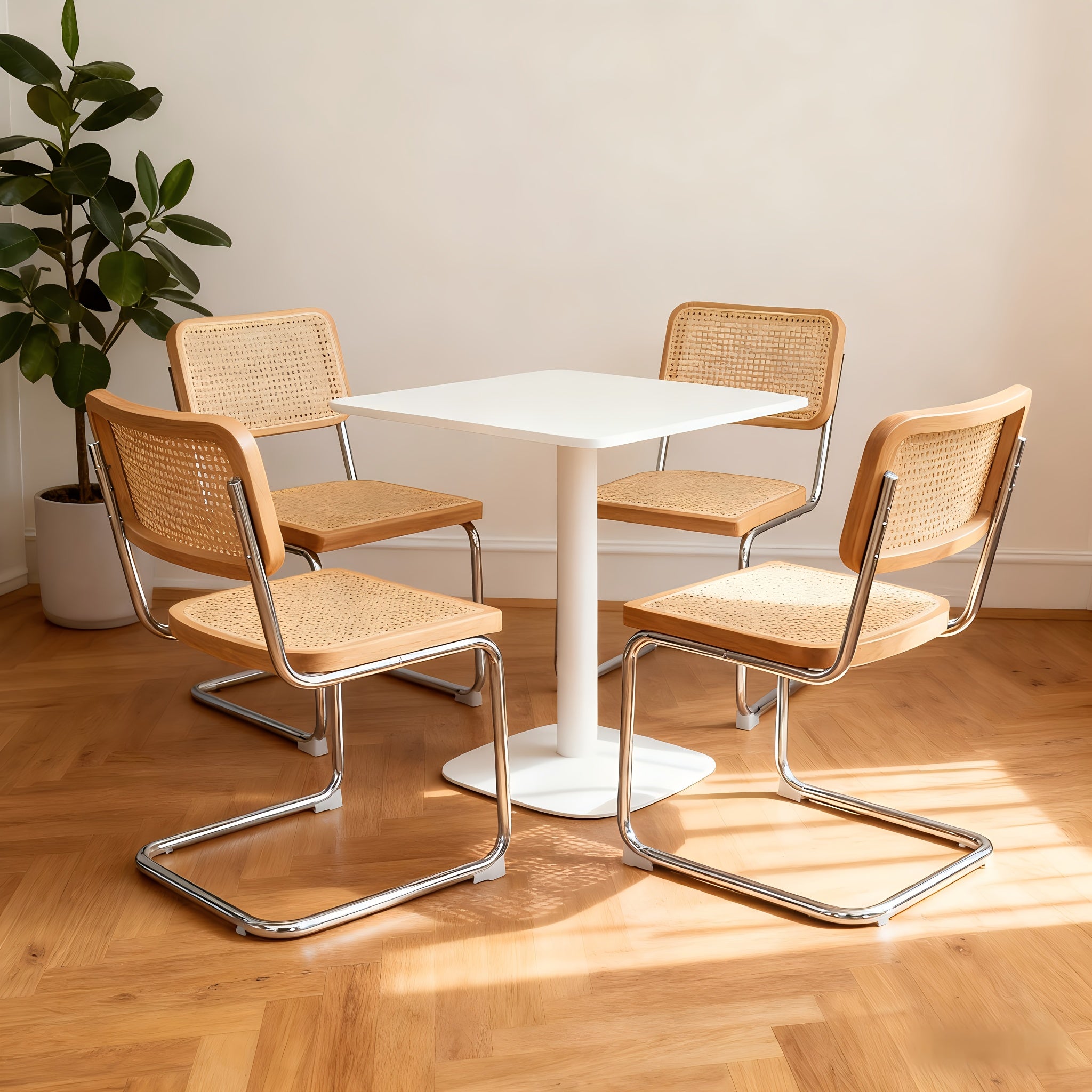 Dining Chairs Set Of 4, Faux Leather Rattan Side Accent Chairs with Chrome Legs, Modern Mid Century Breuer Designed Chairs, Upholstered Dining Living Room Kitchen Chairs