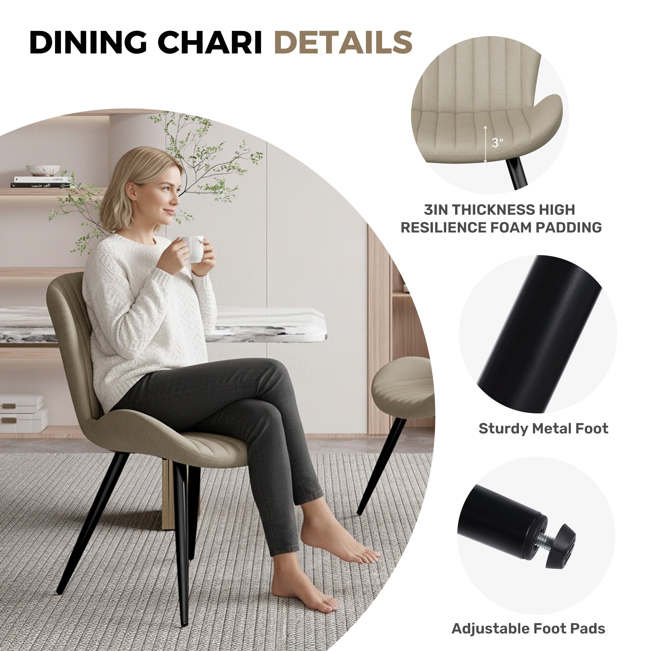 Set Of 2\u002F4 Dining Chairs, Boucle Upholstered Kitchen Chairs with Curved Backrest & Metal Legs, Mid Century Modern Round Dining Room Chairs for Vanity, Living Room