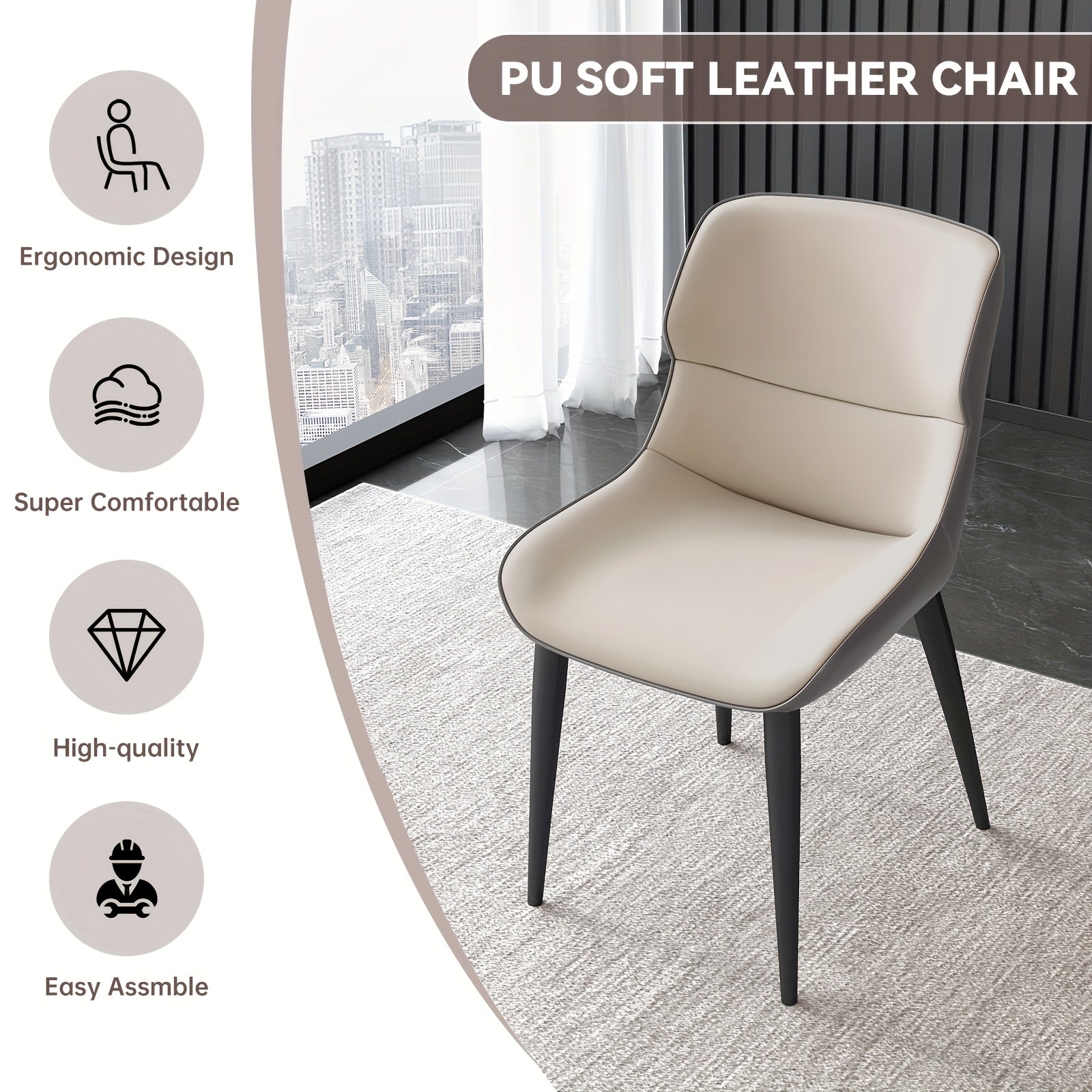 2-Pack Modern Ergonomic Dining Chairs with PU Leather Cushioned Seats & Metal Legs, Black\u002FLight Gray - Soft Padded Backrest & Sponge, - Indoor Kitchen\u002FLiving Room Chairs Suitable for Dining Room, Breakfast Nook, Office